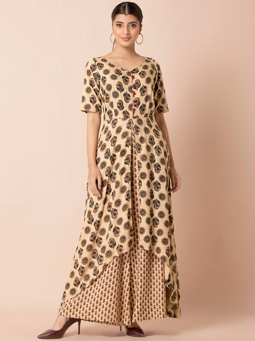 

INDYA Women Beige & Maroon Printed Floral Boota Double Layered Jumpsuit