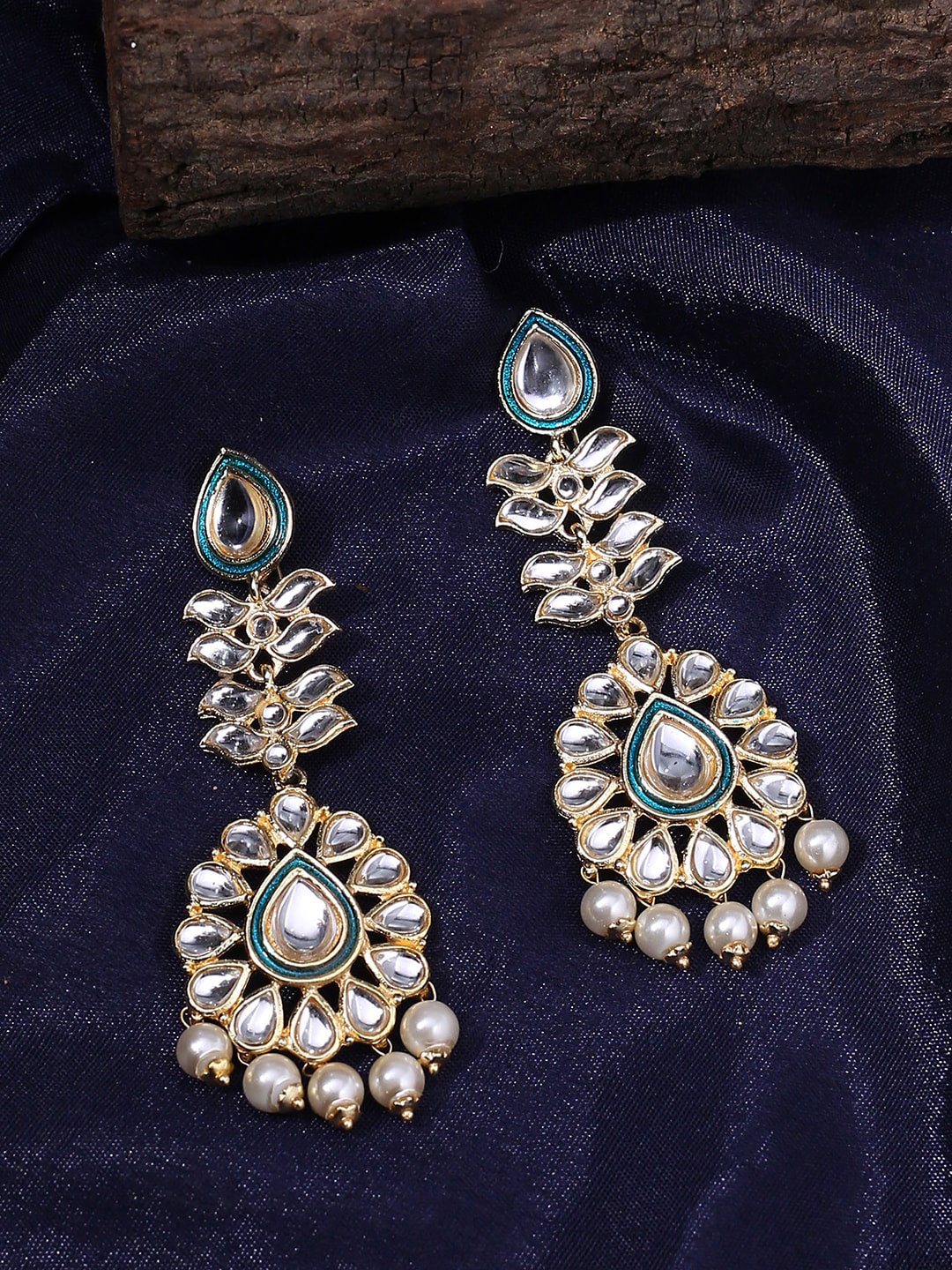 Shoshaa Gold-Plated & Blue Kundan Contemporary Drop Earrings