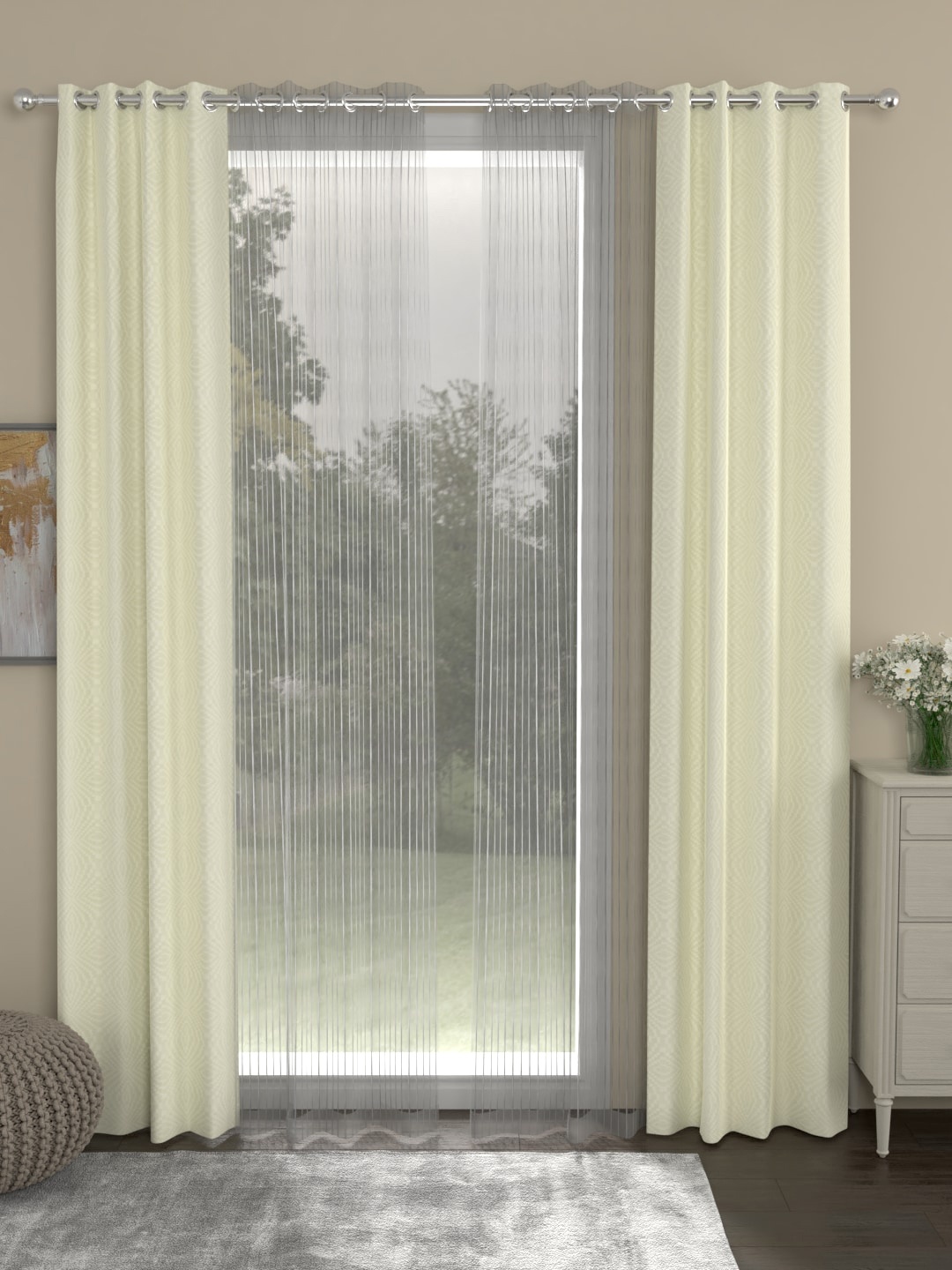 

ROSARA HOME Cream-Coloured & White Set of 4 Jacquard Striped Long Door Curtains