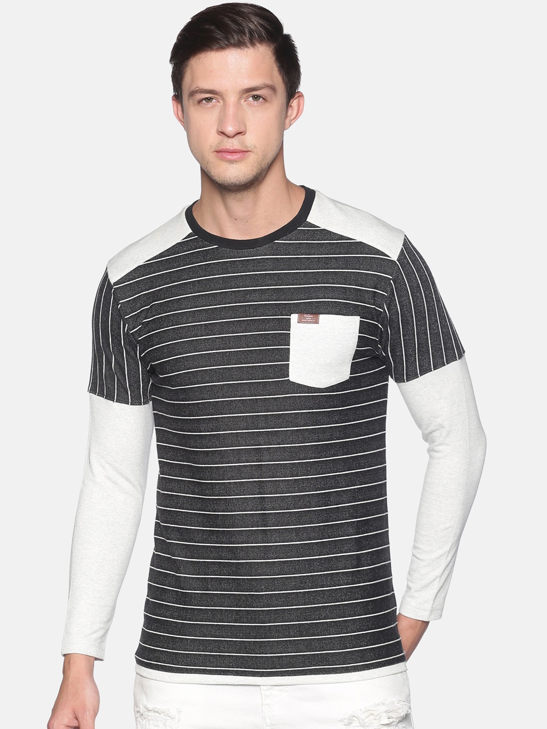 

UrGear Men Black & White Striped Round Neck Cotton T-shirt