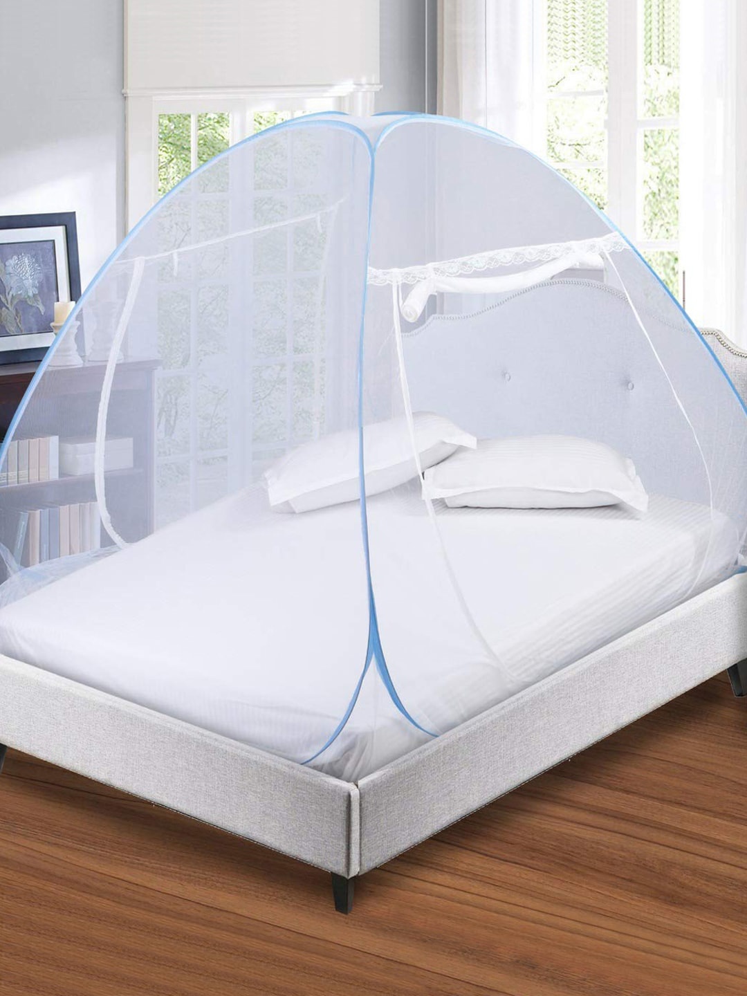

Kuber Industries White & Blue Solid Polyester Foldable Mosquito Net