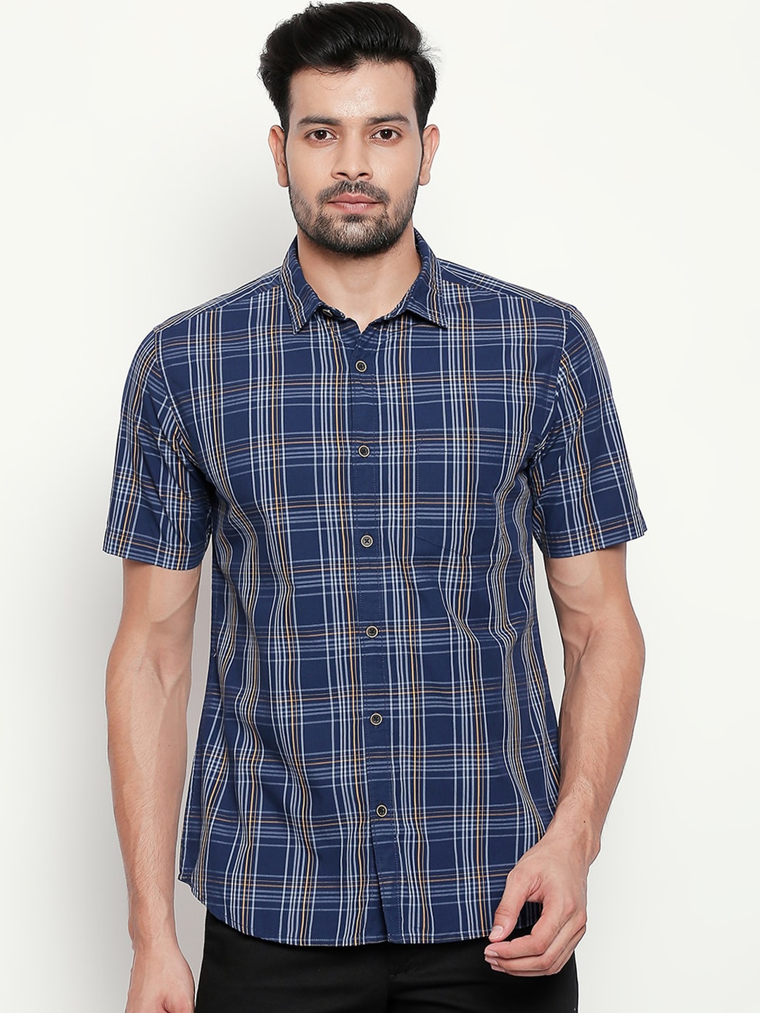 

BYFORD by Pantaloons Men Navy Blue Regular Fit Checked Casual Shirt
