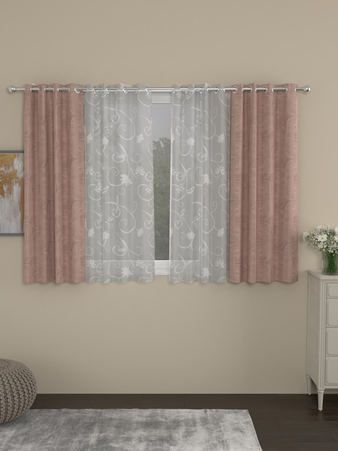 

ROSARA HOME Nude-Coloured & White Set of 4 Waves Jacquard Lydia Window Curtains