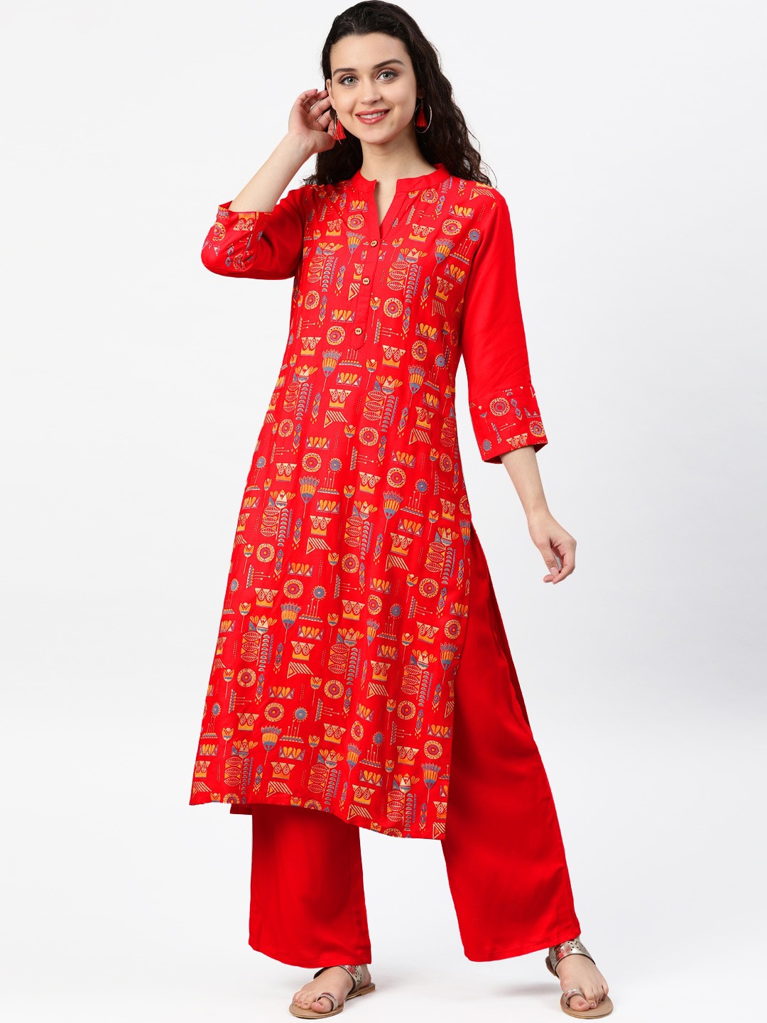 

ZIYAA Women Red Foil Print Kurta with Palazzos