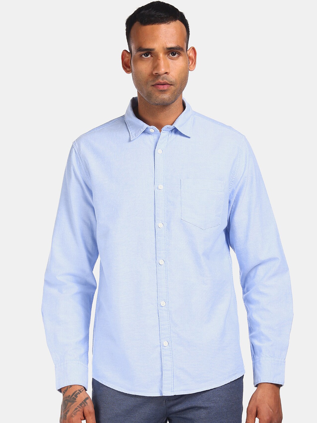 

Ruggers Men Blue Regular Fit Solid Cotton Casual Shirt