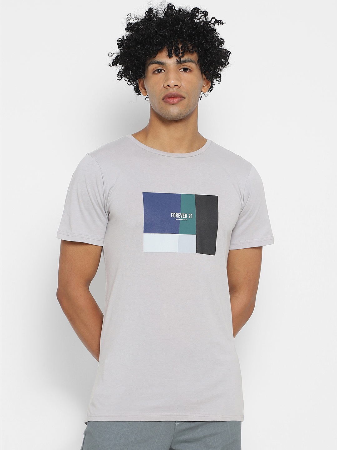 FOREVER 21 Men Grey Solid Round Neck Pure Cotton T-shirt