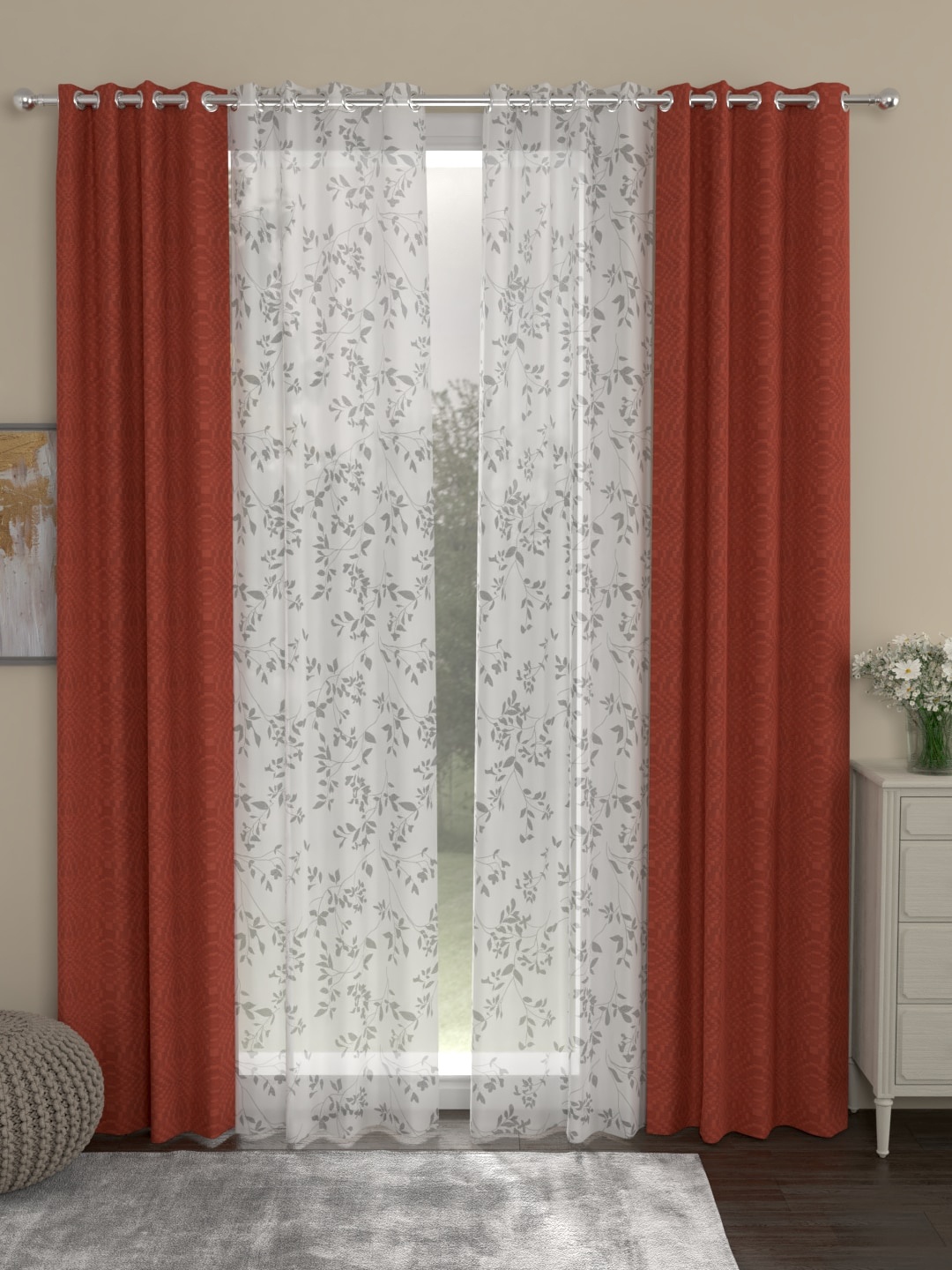 

ROSARA HOME Rust & White Set of 4 Jacquard Emily Regular & Sheer Door Curtains