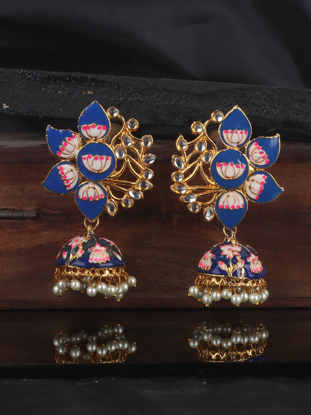 

ANIKAS CREATION Blue & Gold-Plated Enamelled Dome Shaped Jhumkas