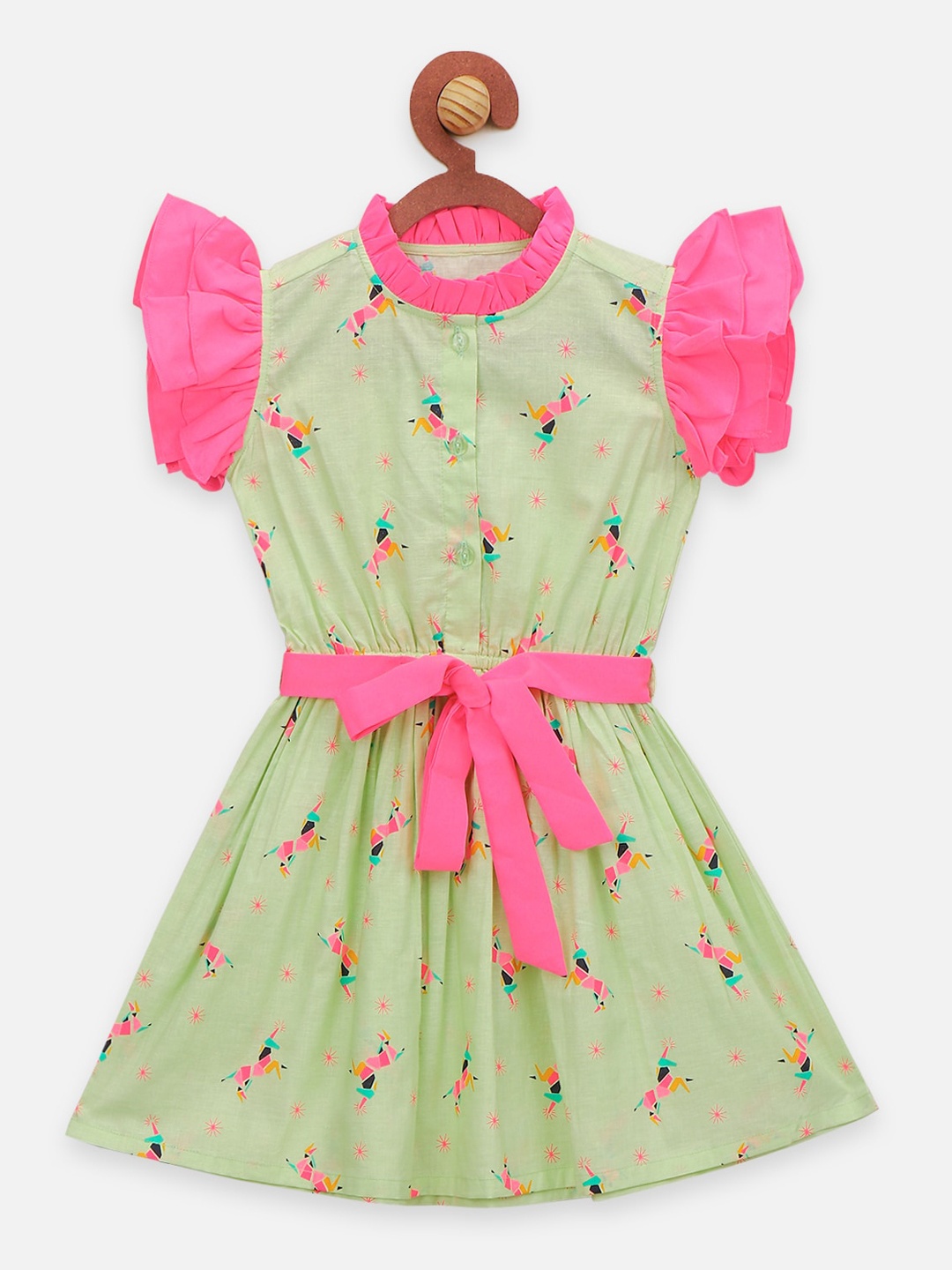 

LilPicks Girls Olive Green Printed Fit and Flare Dress