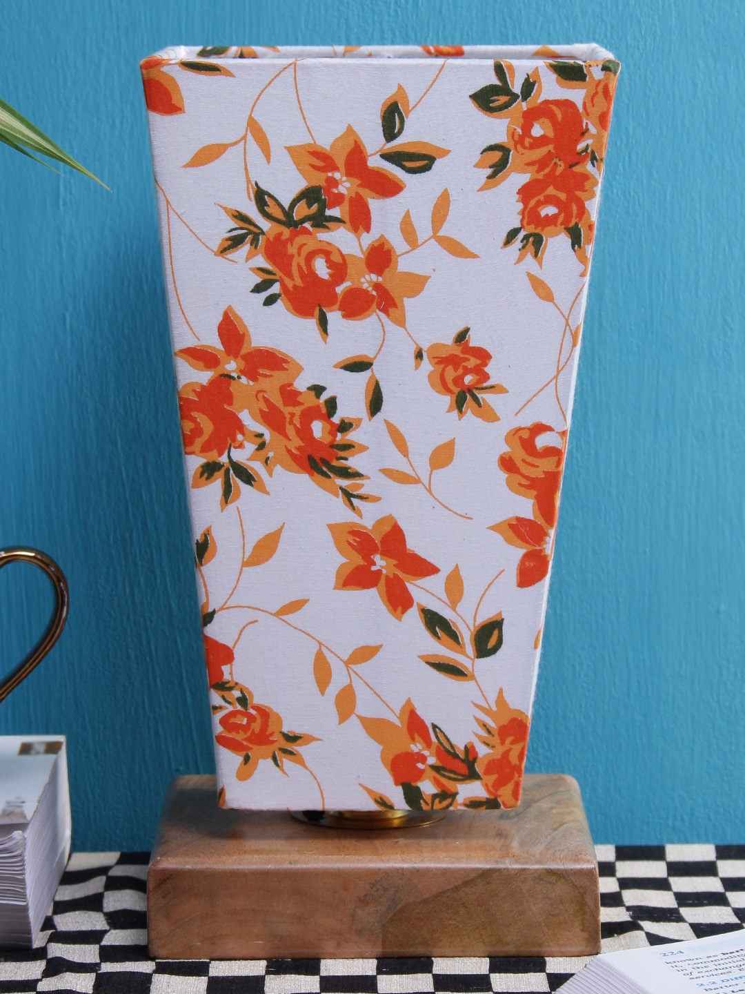 Devansh Cream-Coloured & Orange Printed Contemporary Table Lamp with Shade