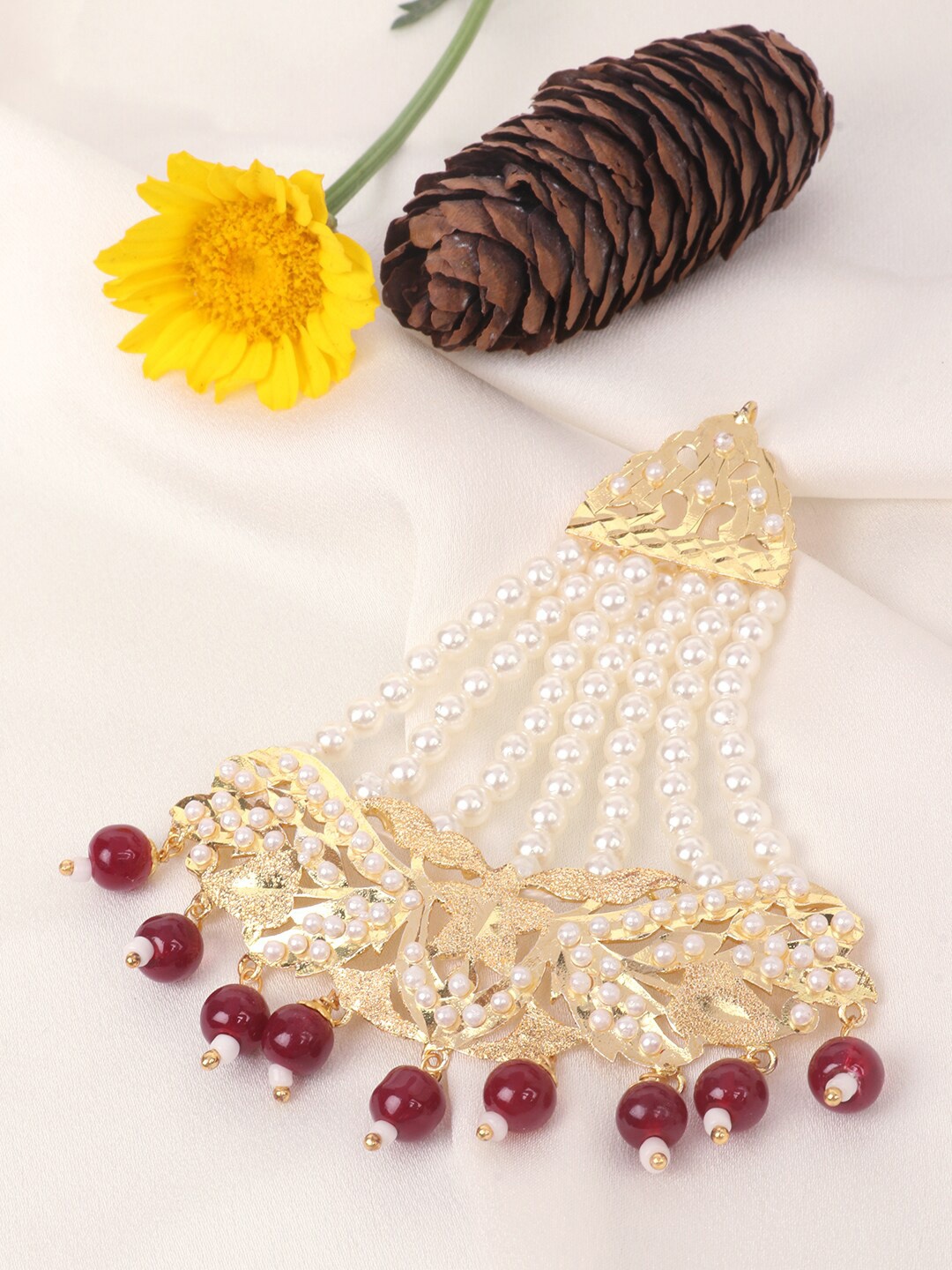 

JEWELS GEHNA Gold-Plated Maroon & White Pearl Beaded Handcrafted Jhumar Passa
