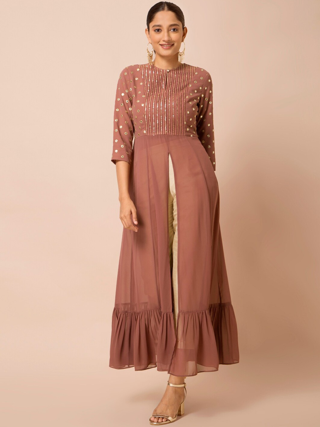 

INDYA Women Pink Ethnic Motifs Yoke Design Keyhole Neck Mirrot Work A-Line Kurta