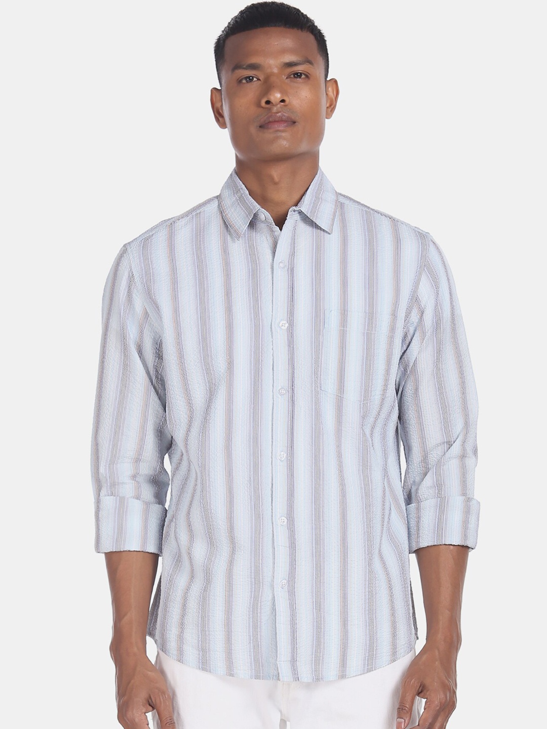 

Ruggers Men Blue & White Regular Fit Striped Cotton Casual Shirt