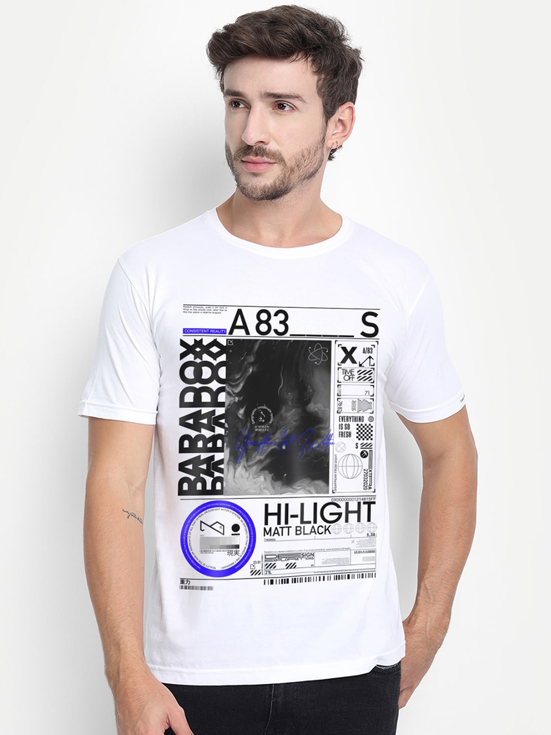 

THREADCURRY Men White Printed Round Neck T-shirt