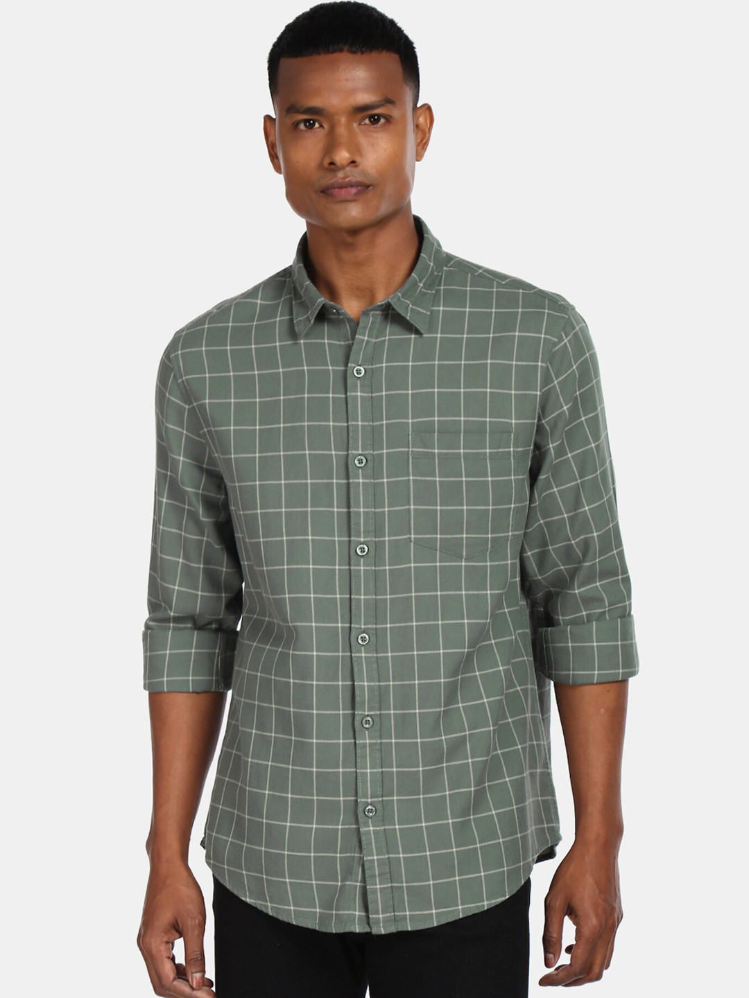 

Ruggers Men Olive Green Regular Fit Checked Casual Shirt