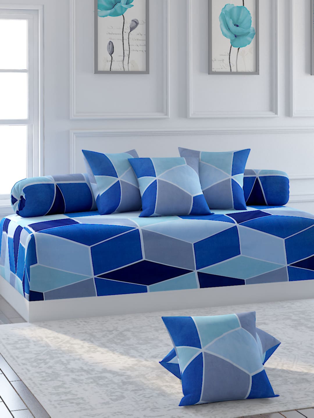 

Bromwick Blue & Grey Geometric Printed Bedsheet With Bolster & Cushion Covers