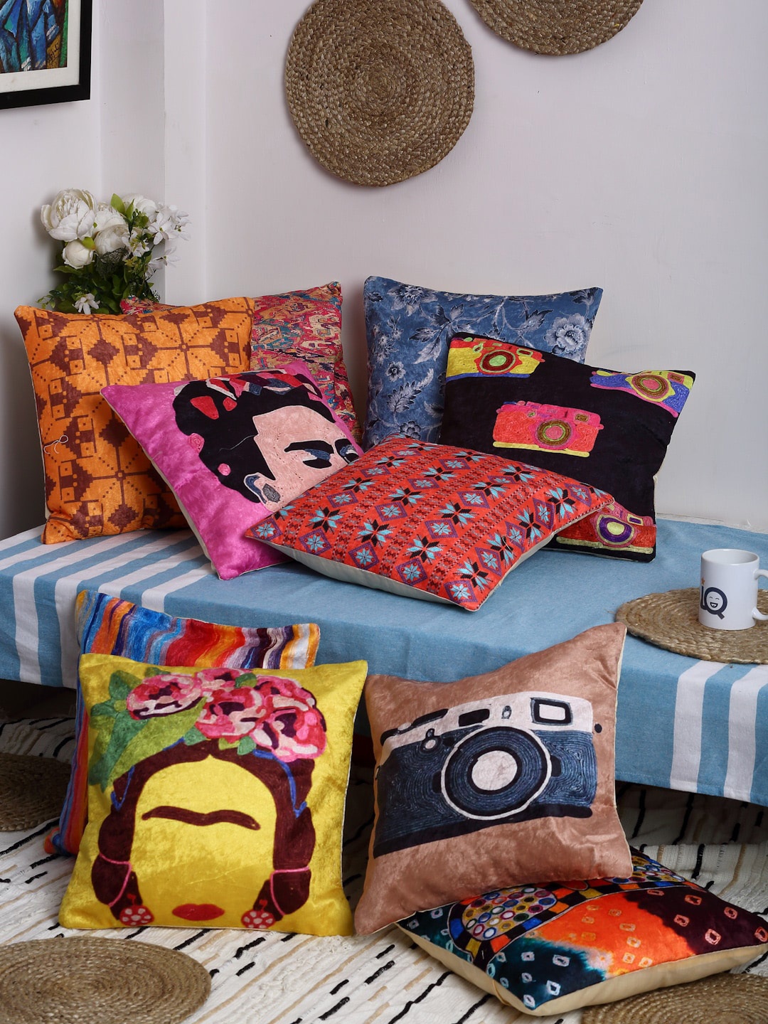 

HOSTA HOMES Pink & Black Set of 10 Ethnic Motifs Velvet Square Cushion Covers