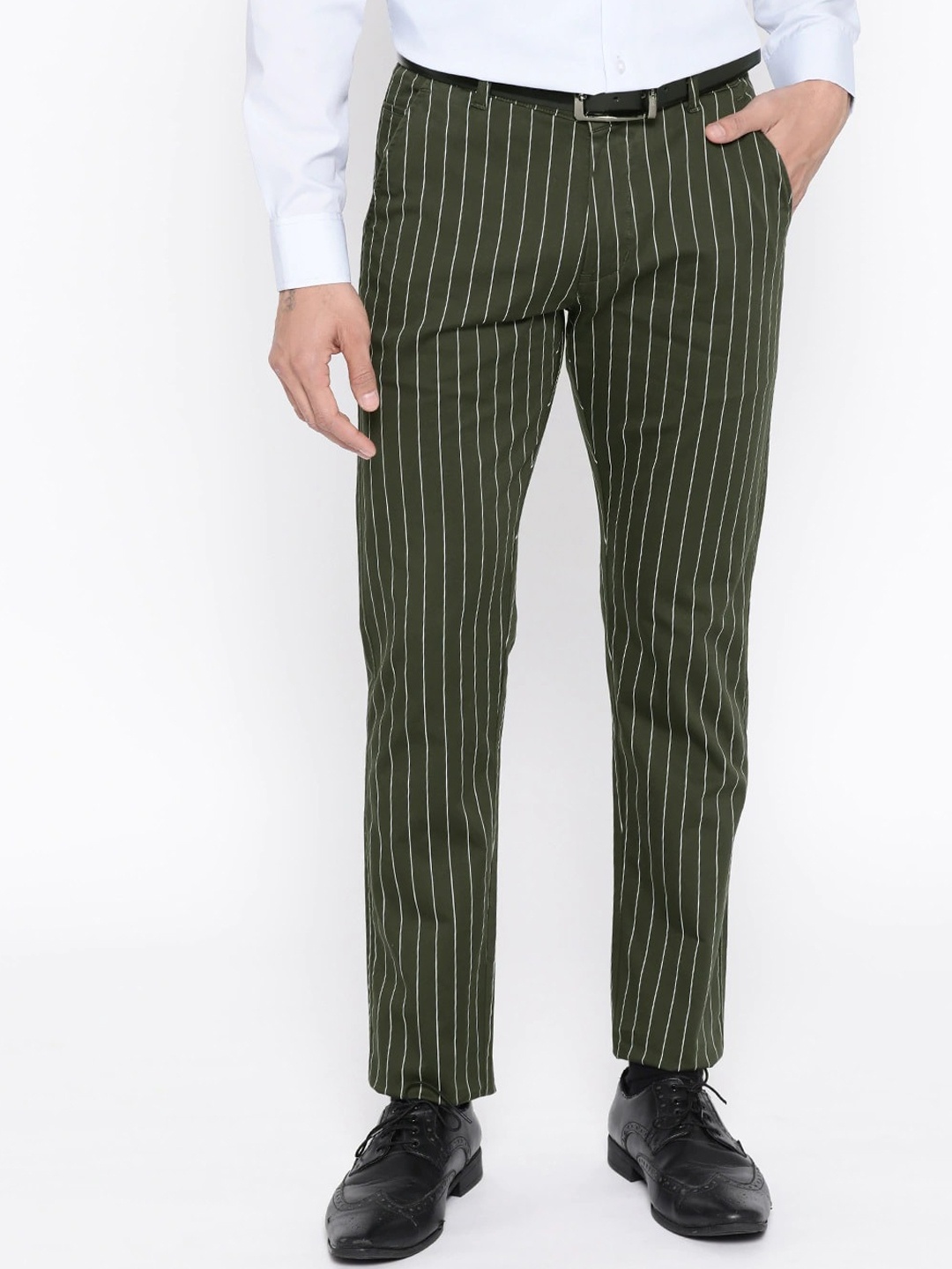 

Hancock Men Green Slim Fit Striped Formal Trousers