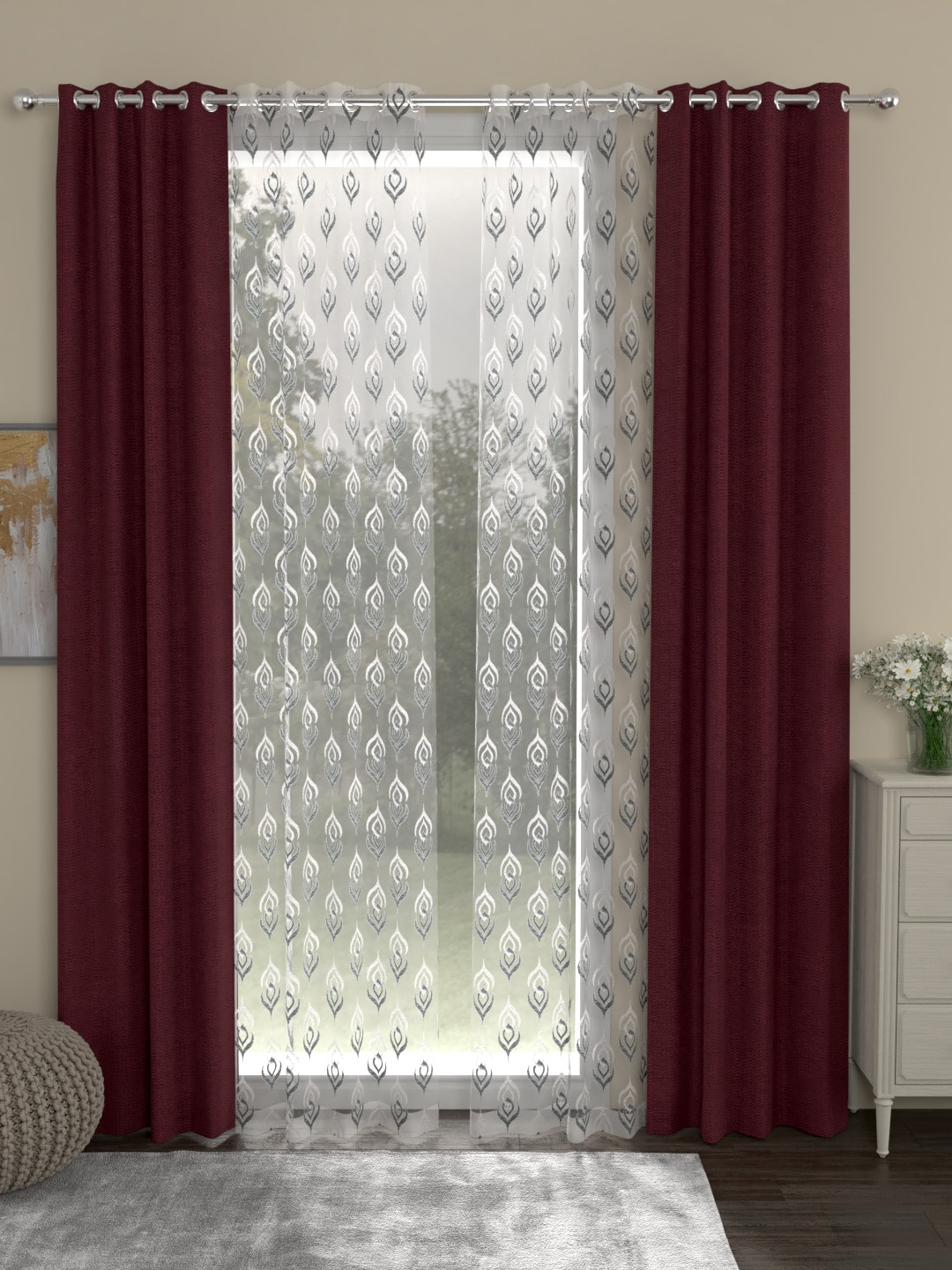 

ROSARA HOME Maroon & Grey Set of 4 Long Door Curtains