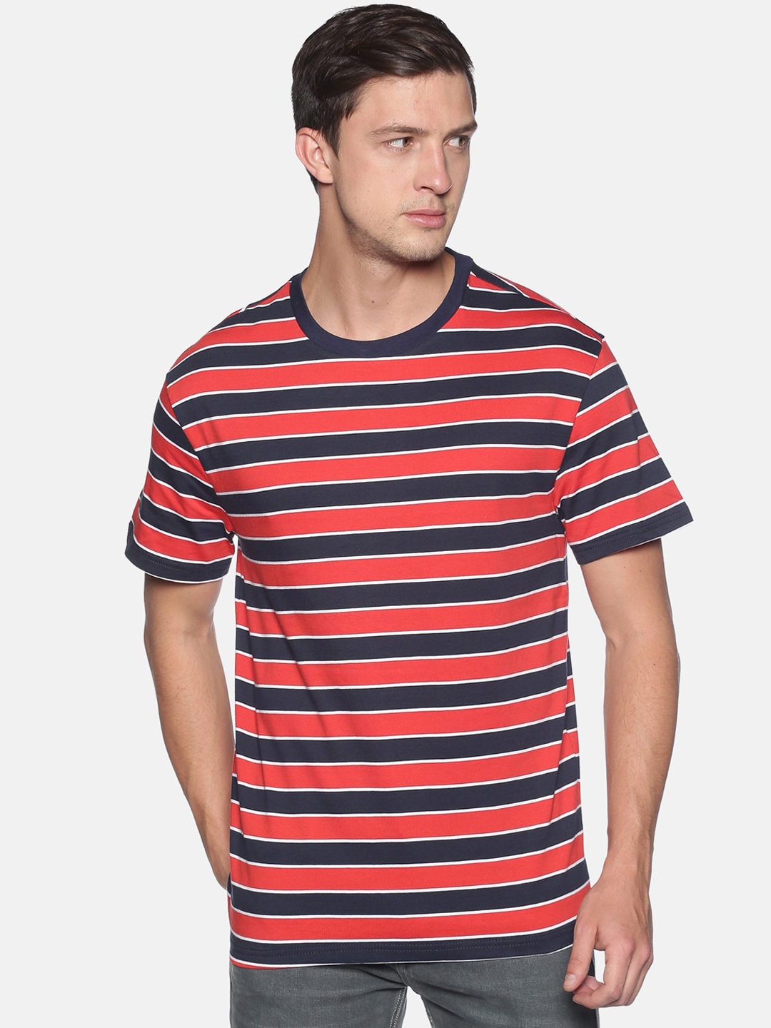 

UrGear Men Red Navy Blue Striped Round Neck Cotton Pure Cotton T-shirt