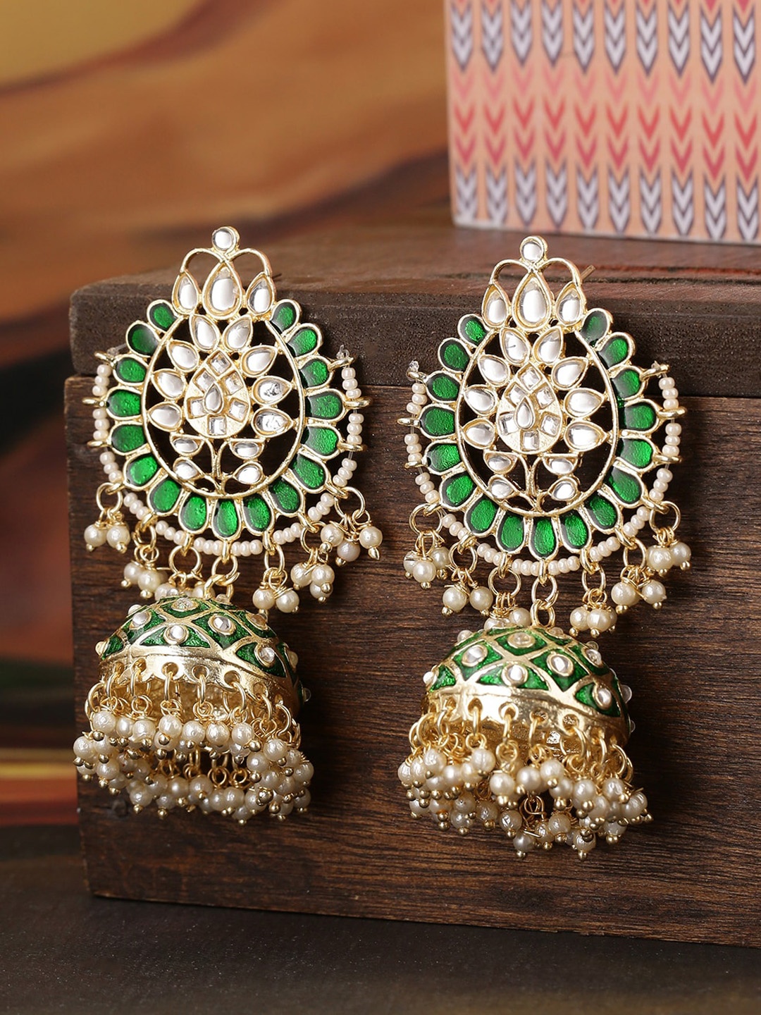 

Shoshaa Gold-Toned & Green Enamelled Dome Shaped Jhumkas