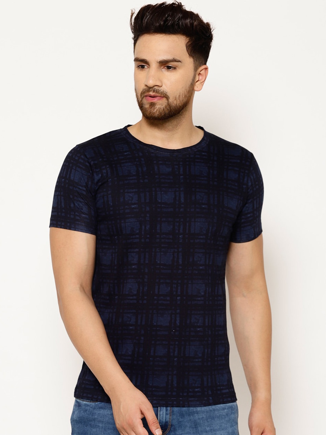 

EPPE Men Navy Blue Checked Round Neck T-shirt