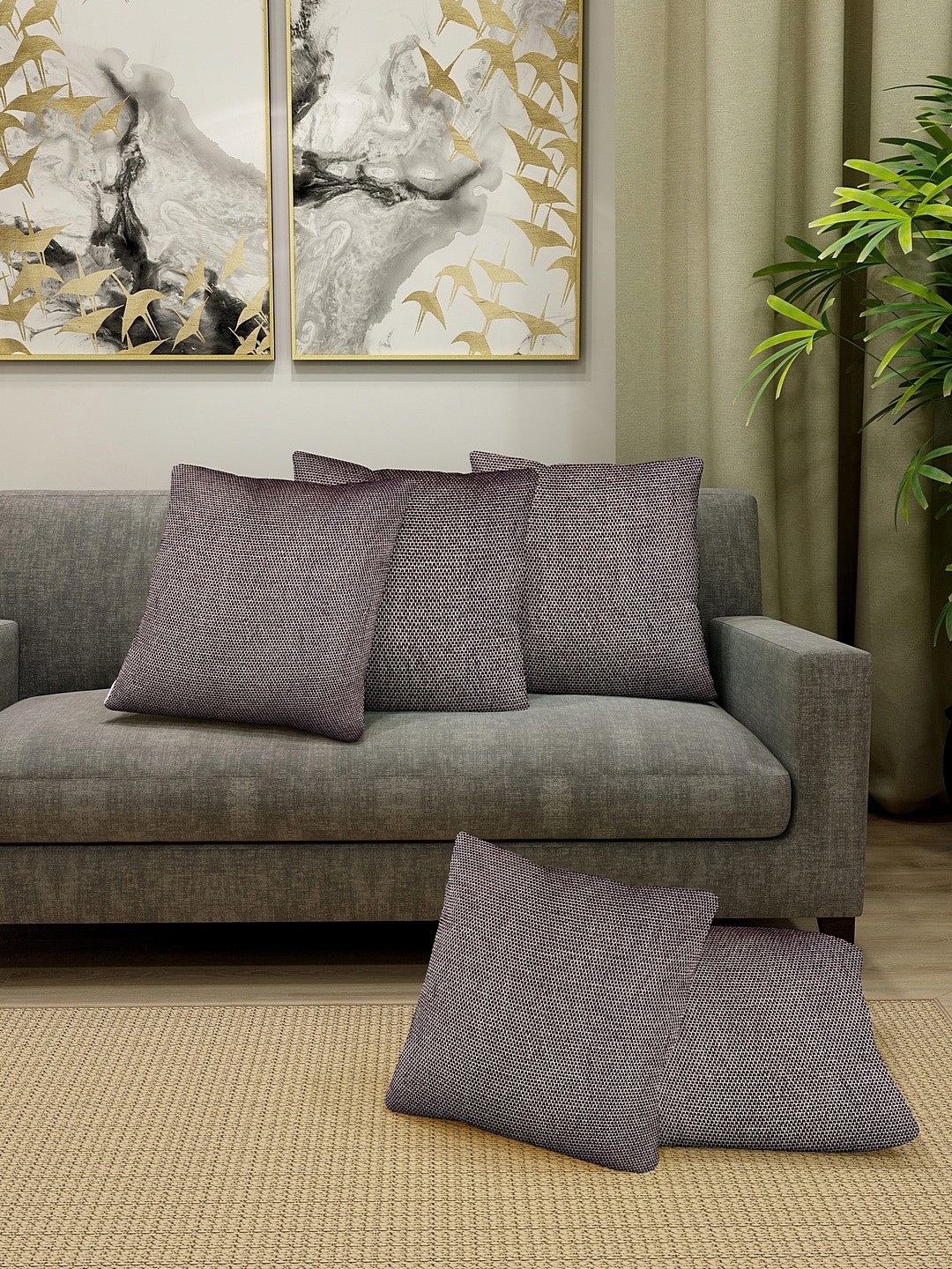 

KLOTTHE Brown Set of 5 Self Design Square Cushion Covers