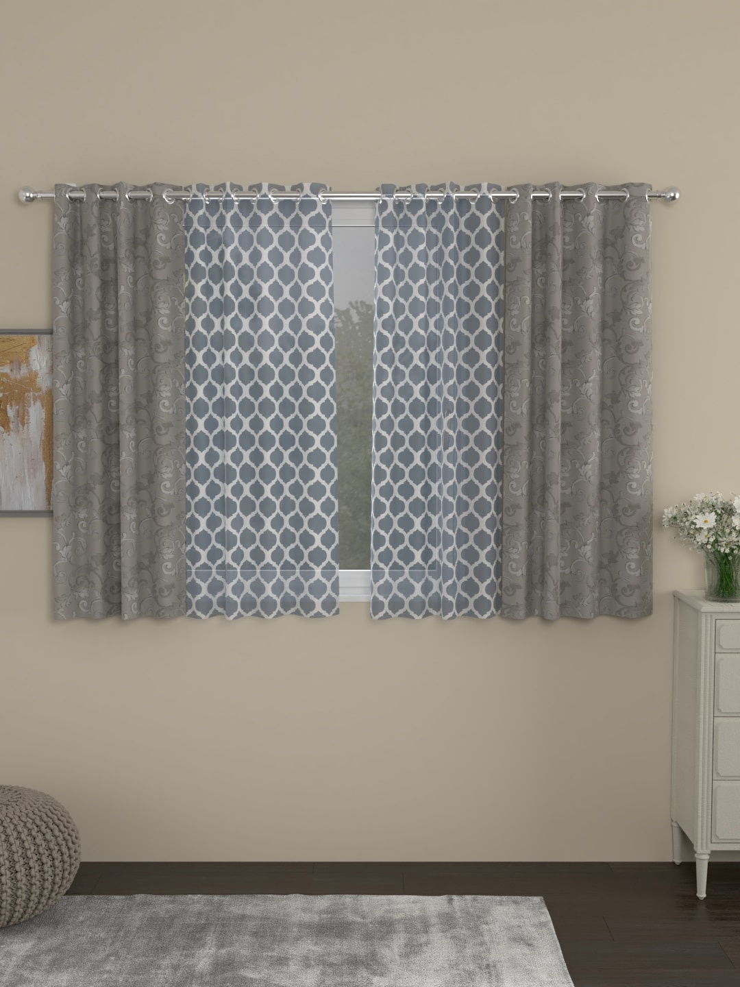 

ROSARA HOME Grey & White Set of 4 Window Curtains