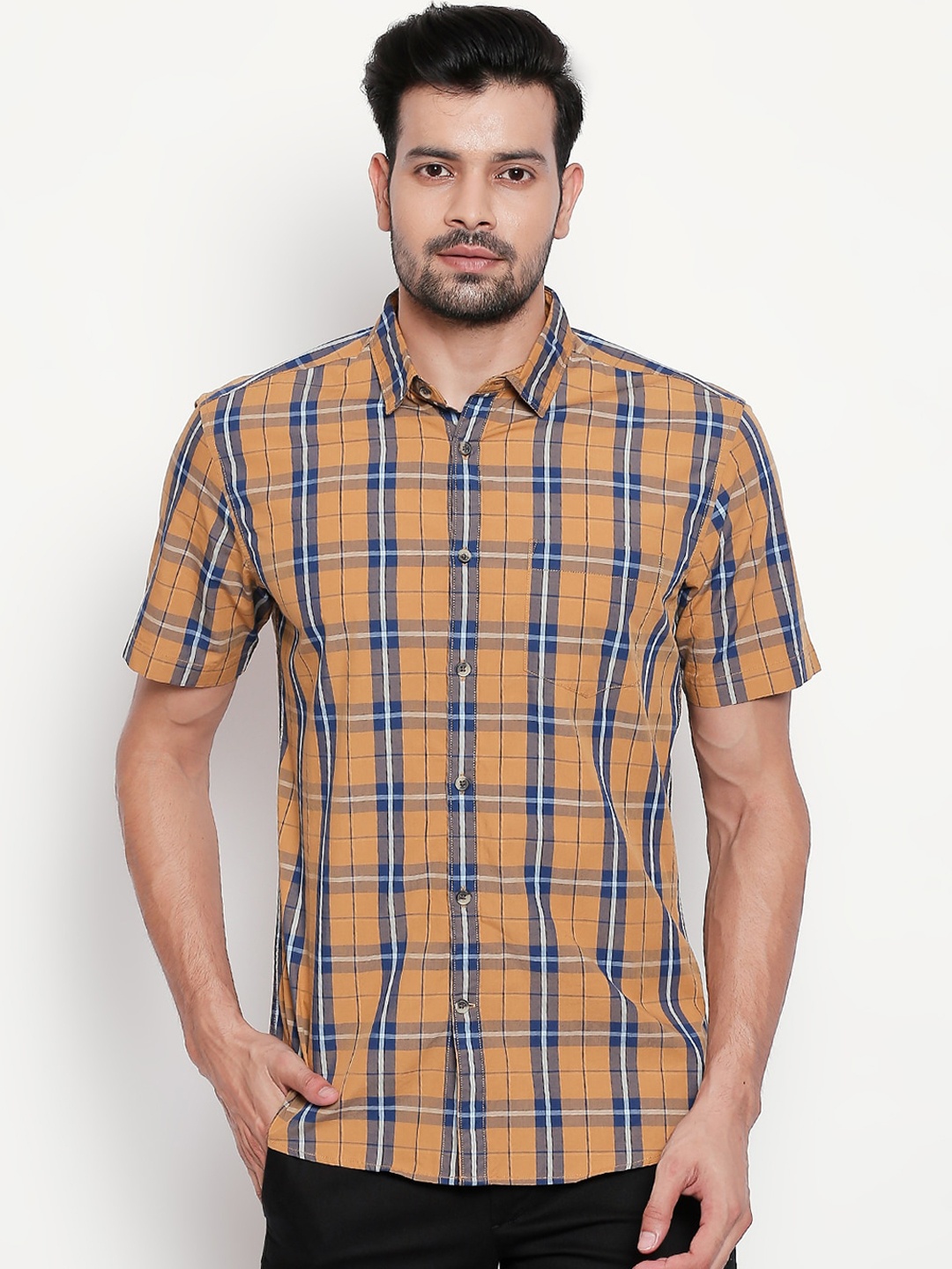 BYFORD by Pantaloons Men Beige & Blue Regular Fit Checked Cotton Casual Shirt