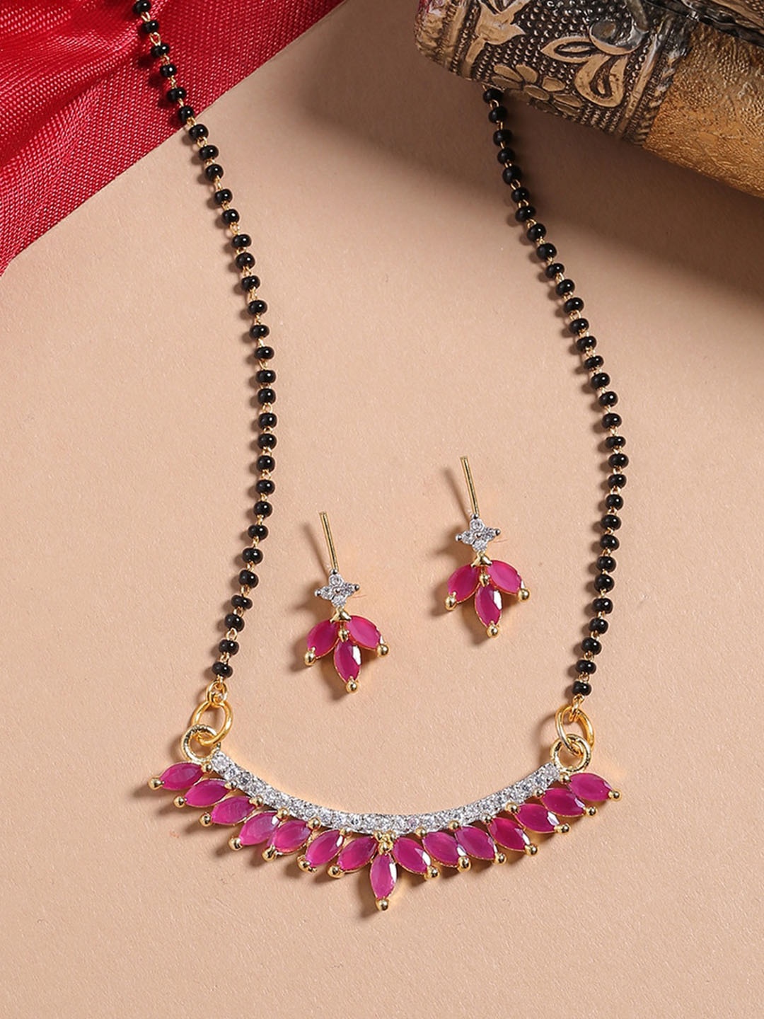 Shoshaa Black & Pink Gold-Plated Stone-Studded & Beaded Mangalsutra With Earrings