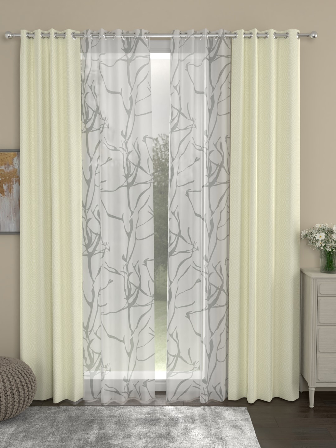 

ROSARA HOME Cream-Coloured & White Set of 4 Long Door Curtains