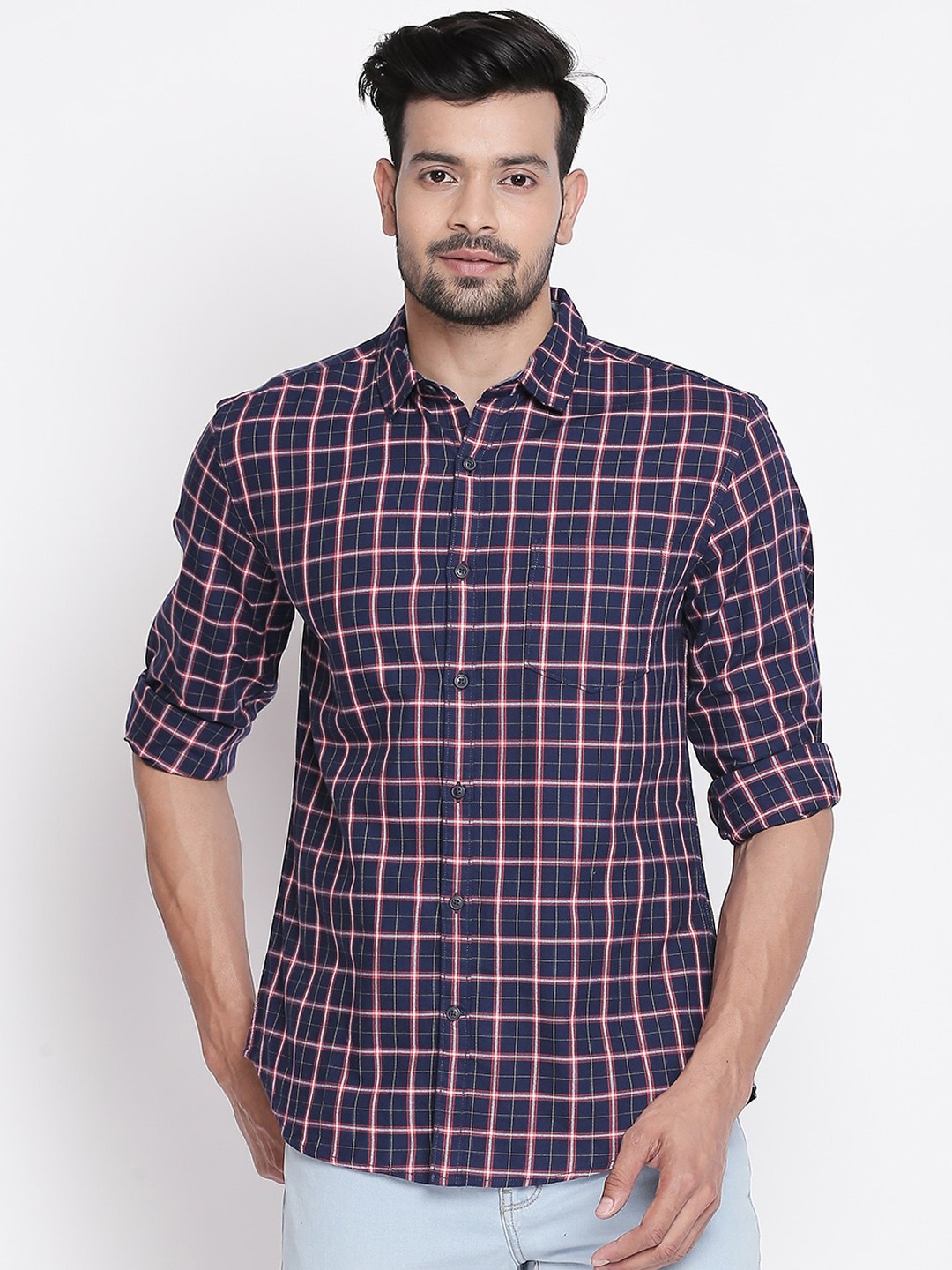 

BYFORD by Pantaloons Men Navy Blue & Pink Slim Fit Checked Cotton Casual Shirt