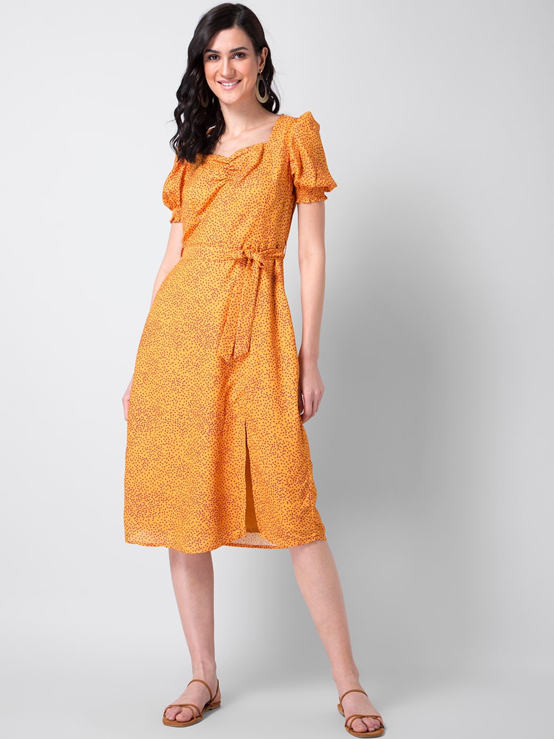 

FabAlley Women Yellow & Pink Printed Fit and Flare Dress