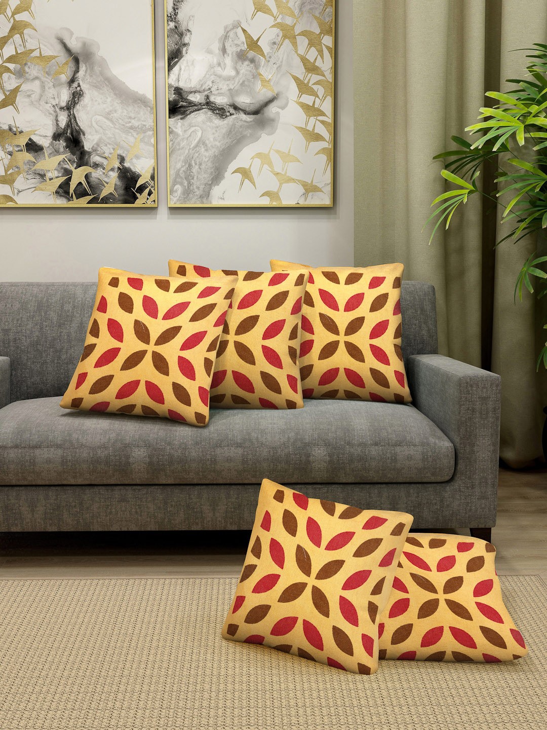 

KLOTTHE Beige & Olive Green Set of 5 Floral Square Cushion Covers
