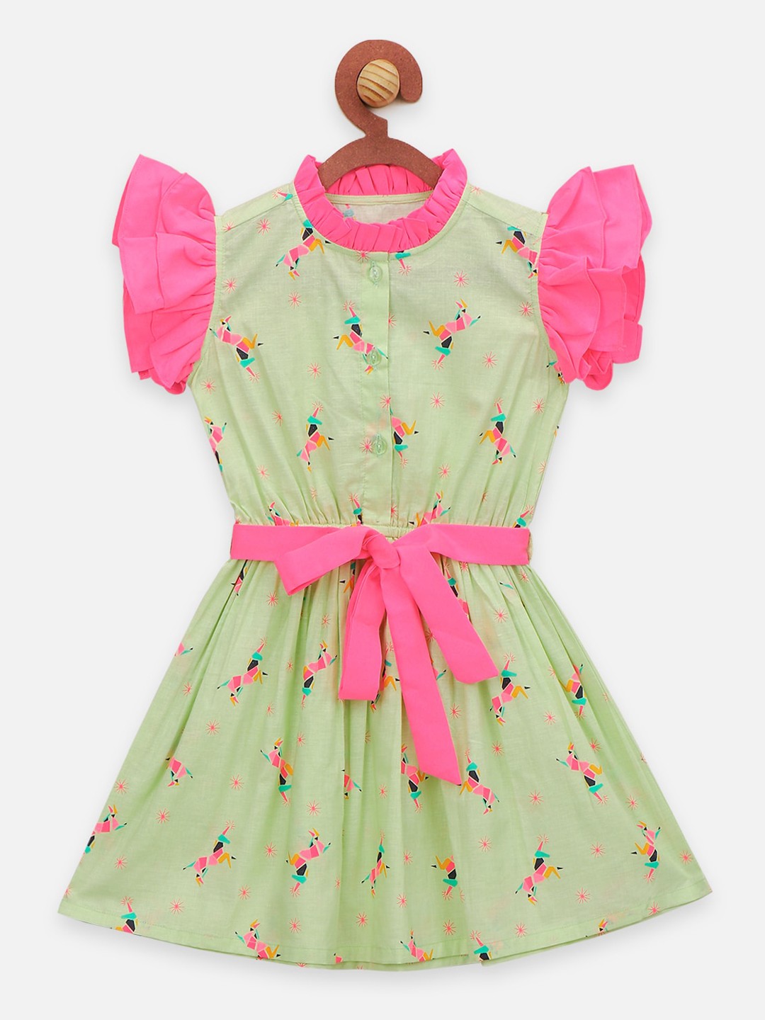 

LilPicks Girls Olive Green Printed Fit and Flare Dress