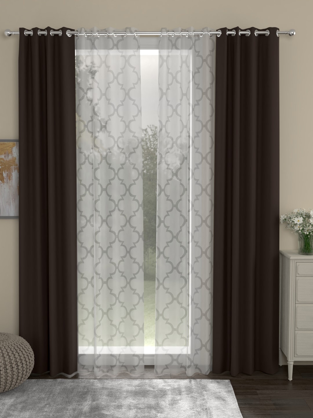 

ROSARA HOME Brown & White Set of 4 Black Out Door Curtains