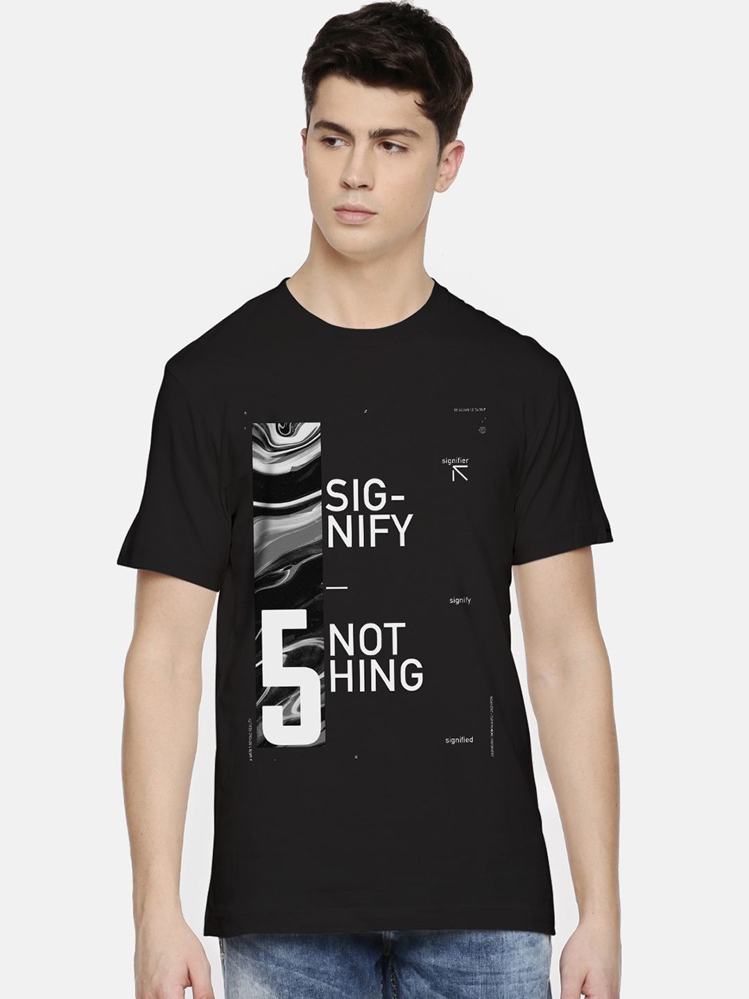 

THREADCURRY Men Black Printed Round Neck Cotton Pure Cotton T-shirt