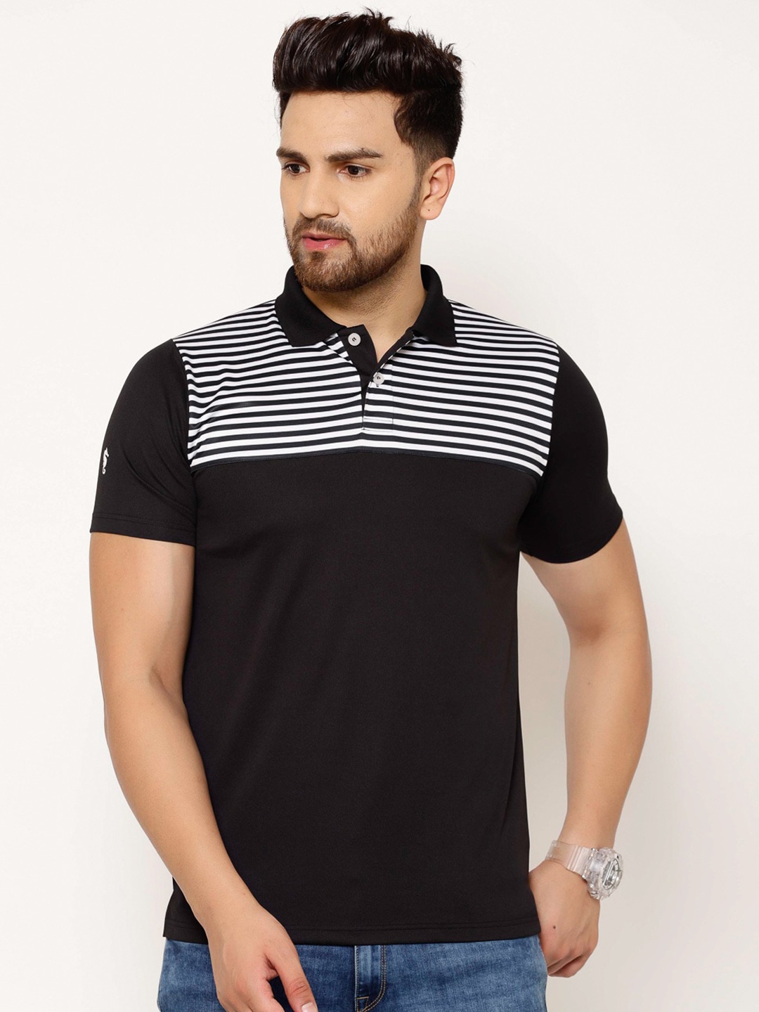 

EPPE Men Black Striped Polo Collar T-shirt