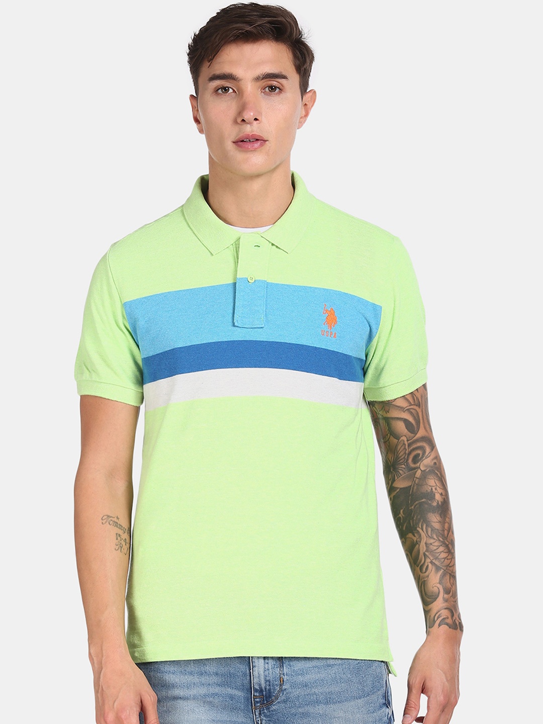 

U.S. Polo Assn. Men Green Striped Cotton Polo Collar Pure Cotton T-shirt