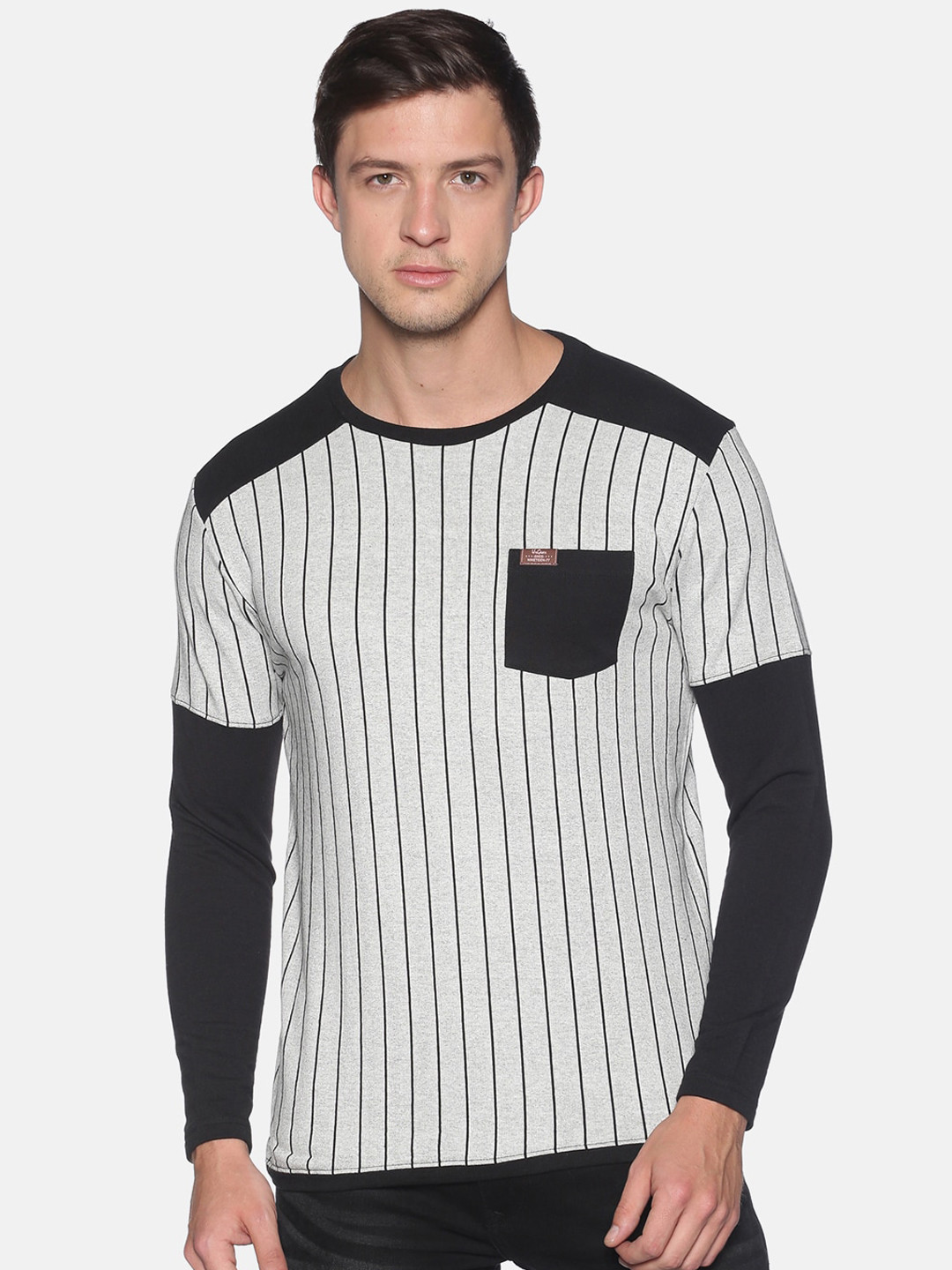 

UrGear Men Grey Melange Striped Round Neck Cotton T-shirt