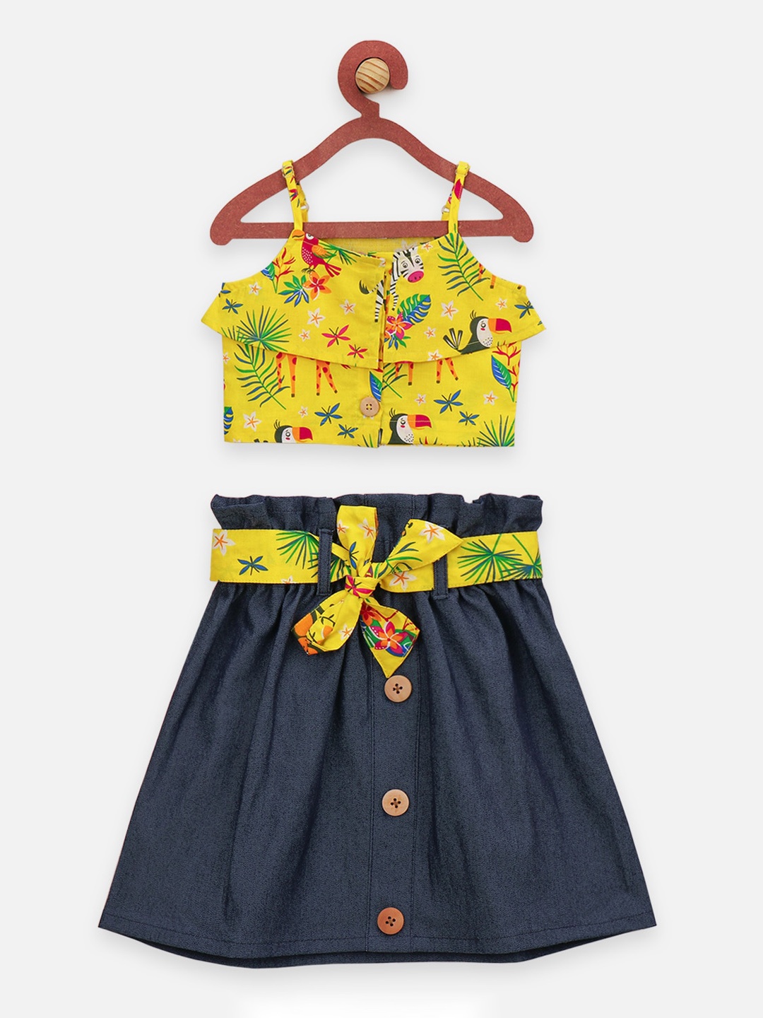 

LilPicks Girls Yellow & Blue Printed Top with Skirt