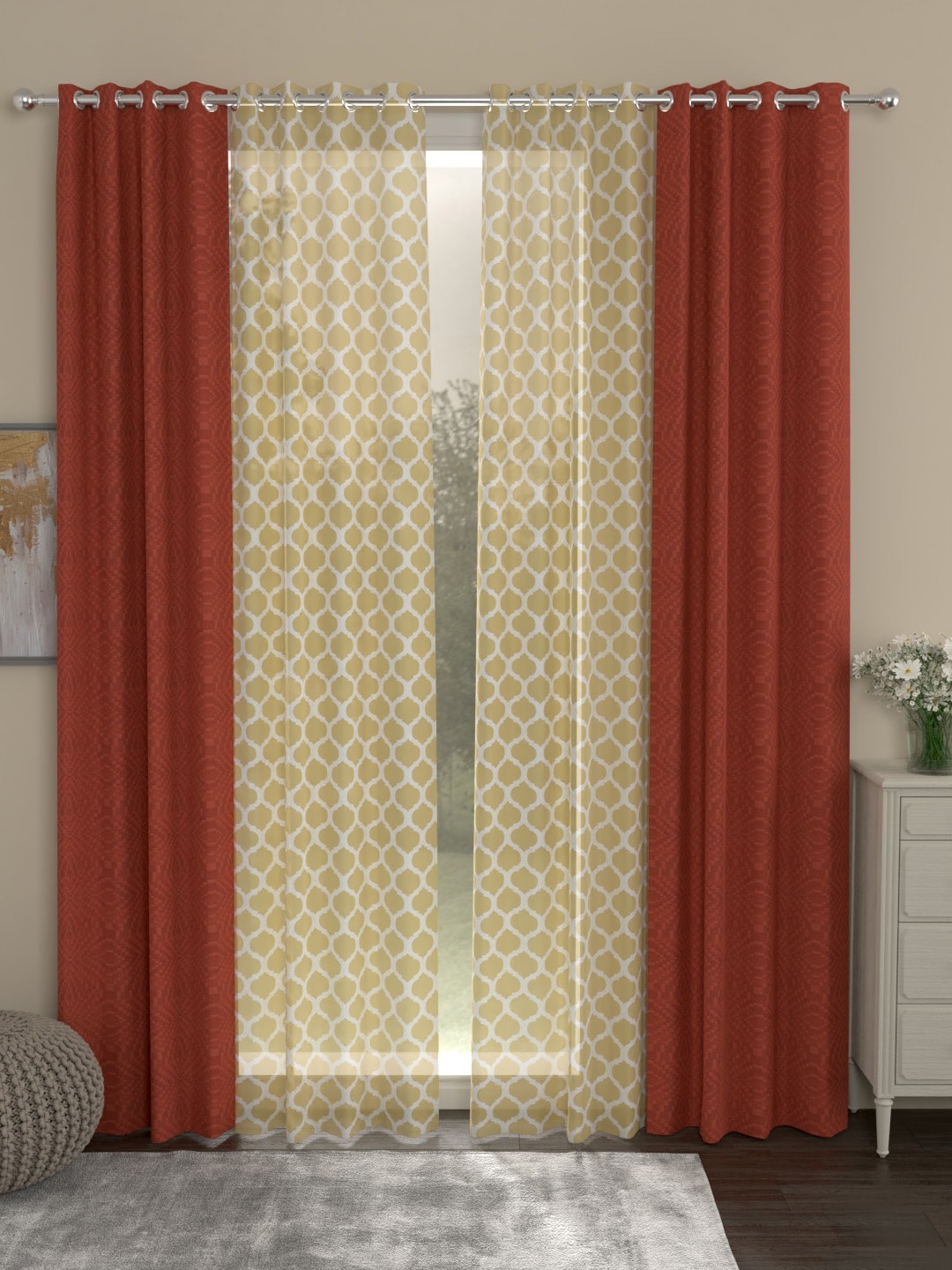 

ROSARA HOME Brown & Beige Set of 4 Long Door Curtains