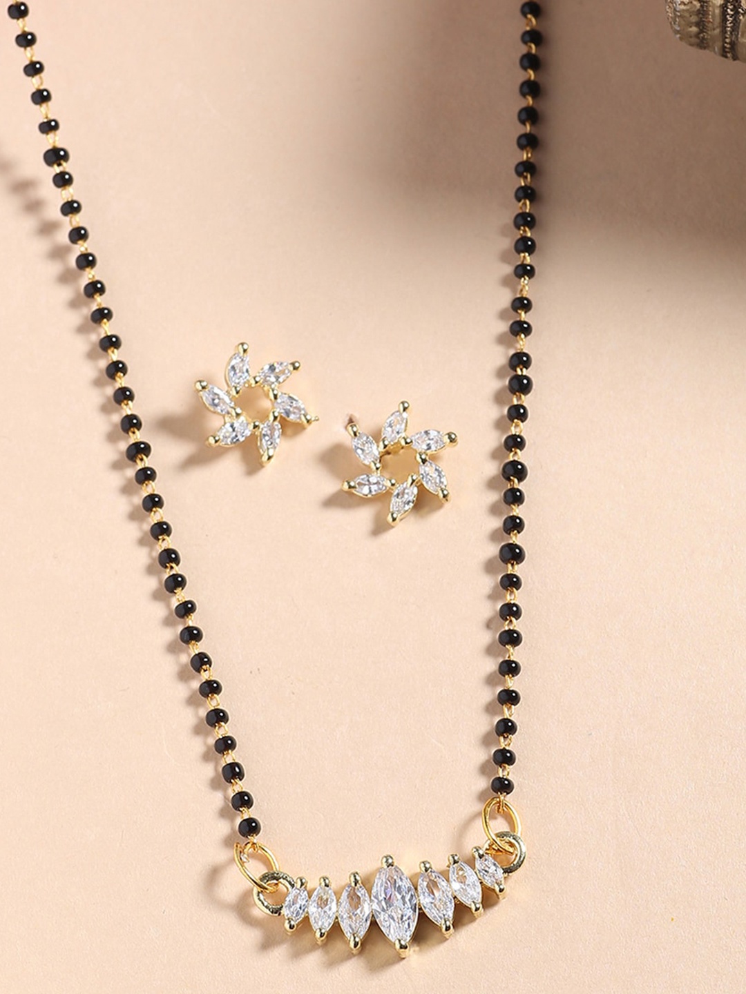 

Shoshaa Black Gold-Plated Stone-Studded Mangalsutra With Earrings