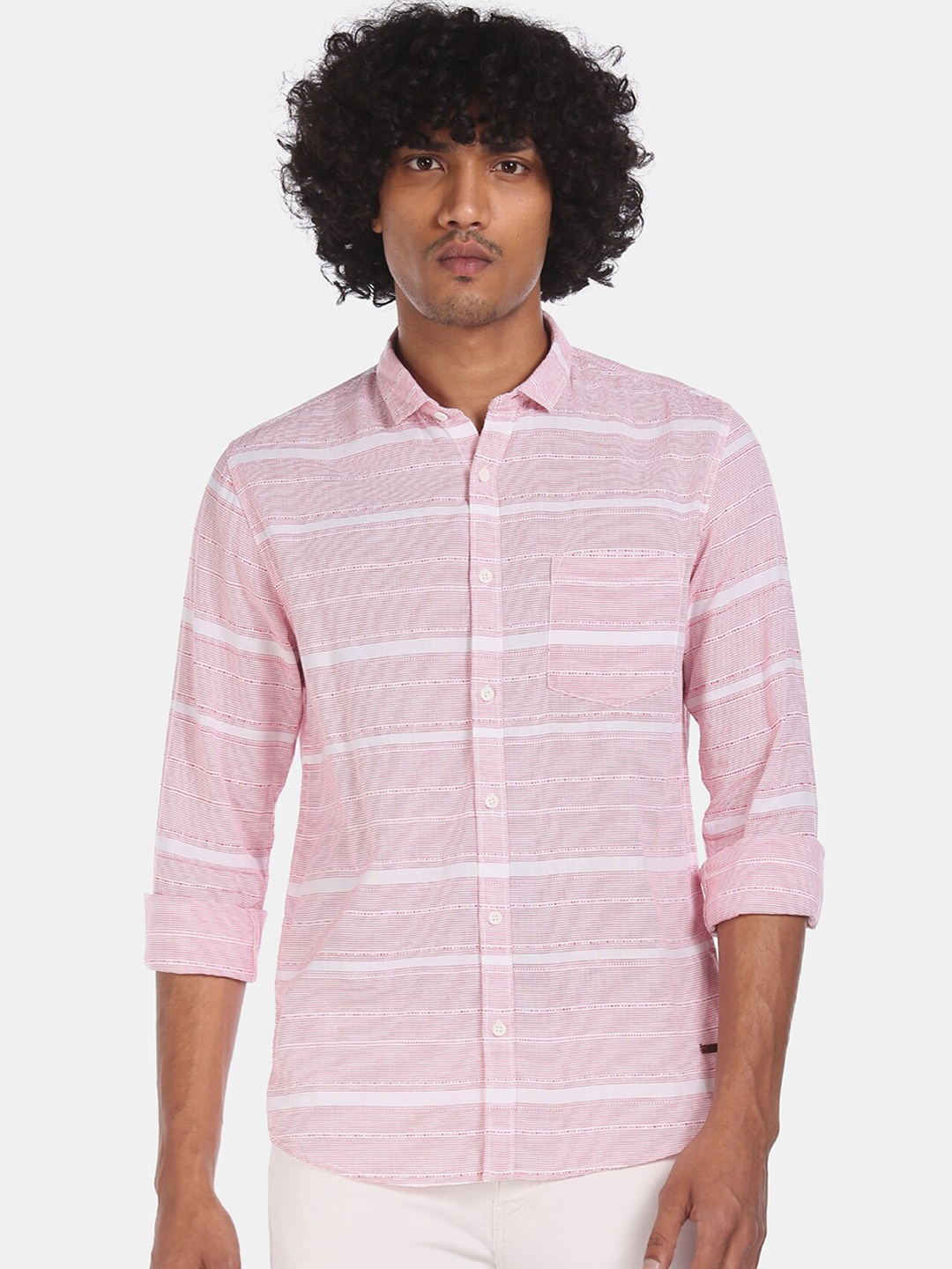 

Cherokee Men White & Pink Regular Fit Striped Cotton Casual Shirt