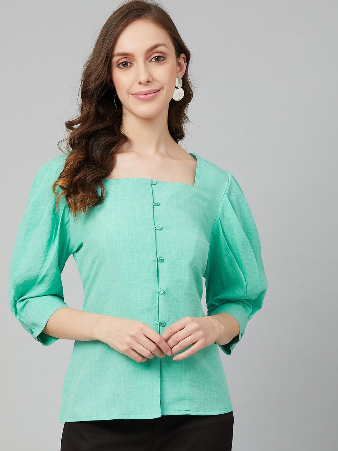 Carlton London Green Puff Sleeves Crepe Shirt Style Top