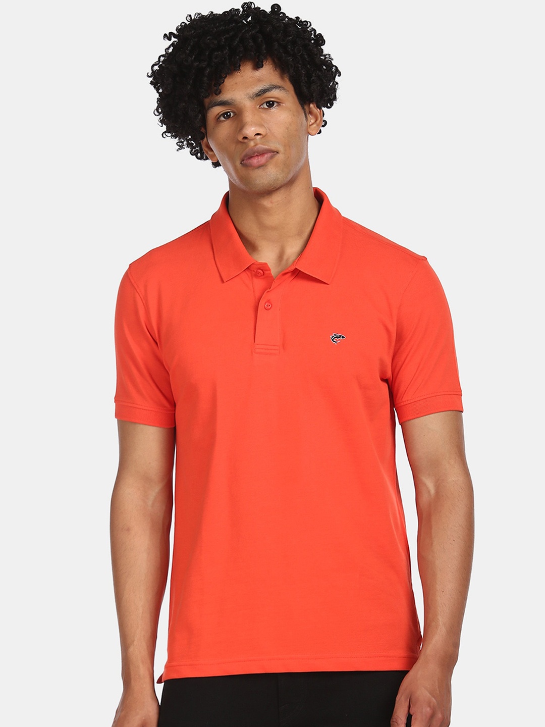 

Ruggers Men Orange Solid Polo Collar Cotton Blend T-shirt