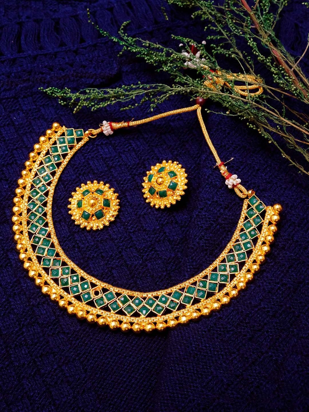 

Crunchy Fashion Teal Green Gold-Plated Stone-Studded Jewellery Set
