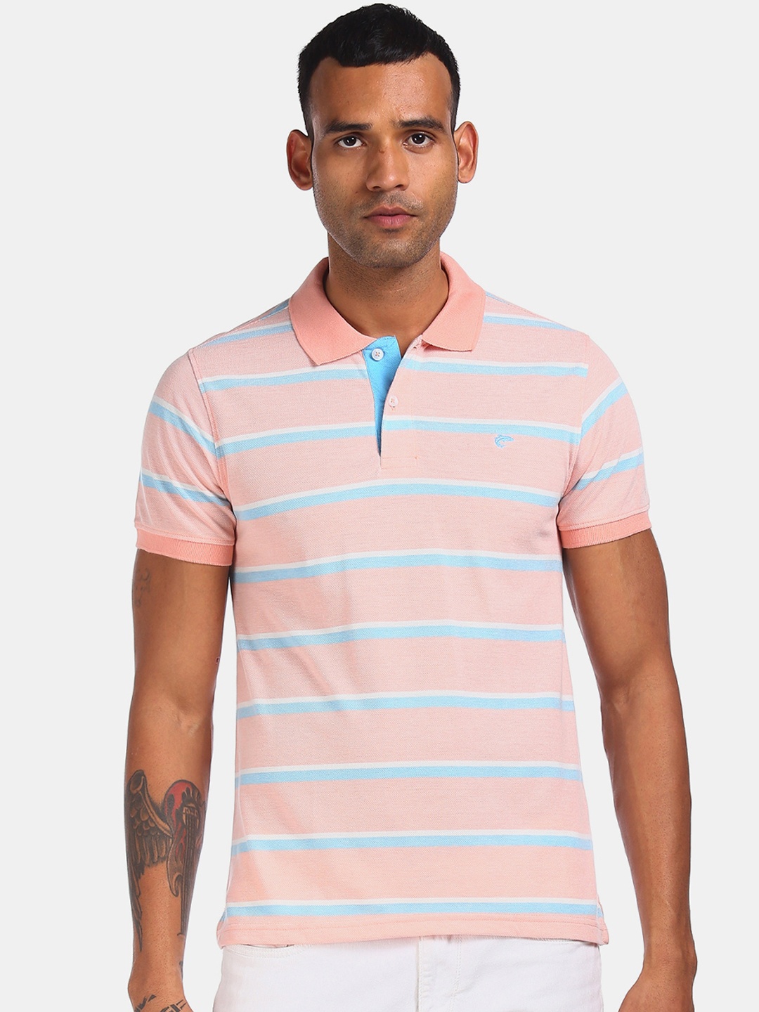 

Ruggers Men Peach-Coloured Striped Polo Collar T-shirt