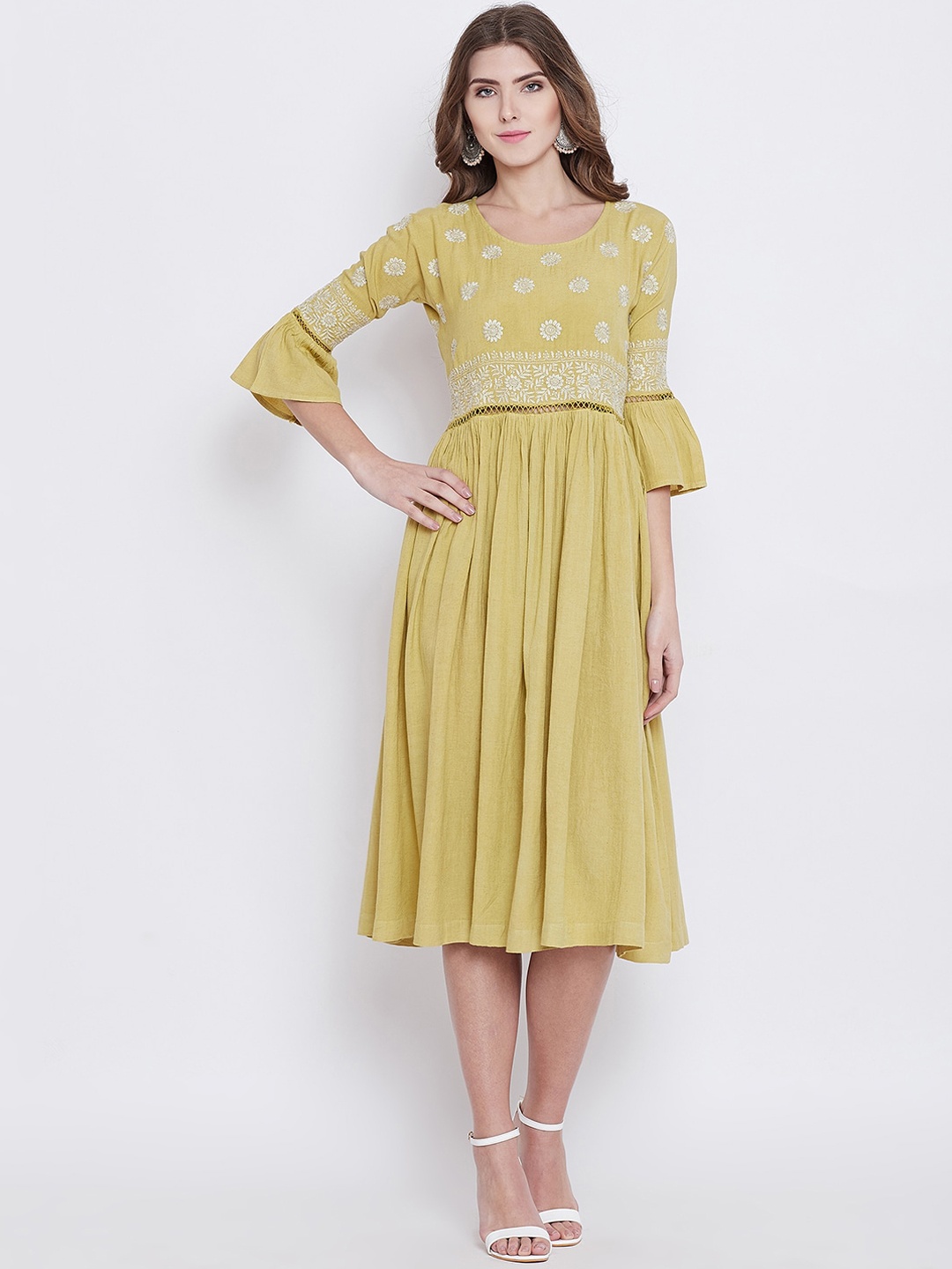 

The Kaftan Company Women Yellow Chikankari Embroidered Fit and Flare Dress