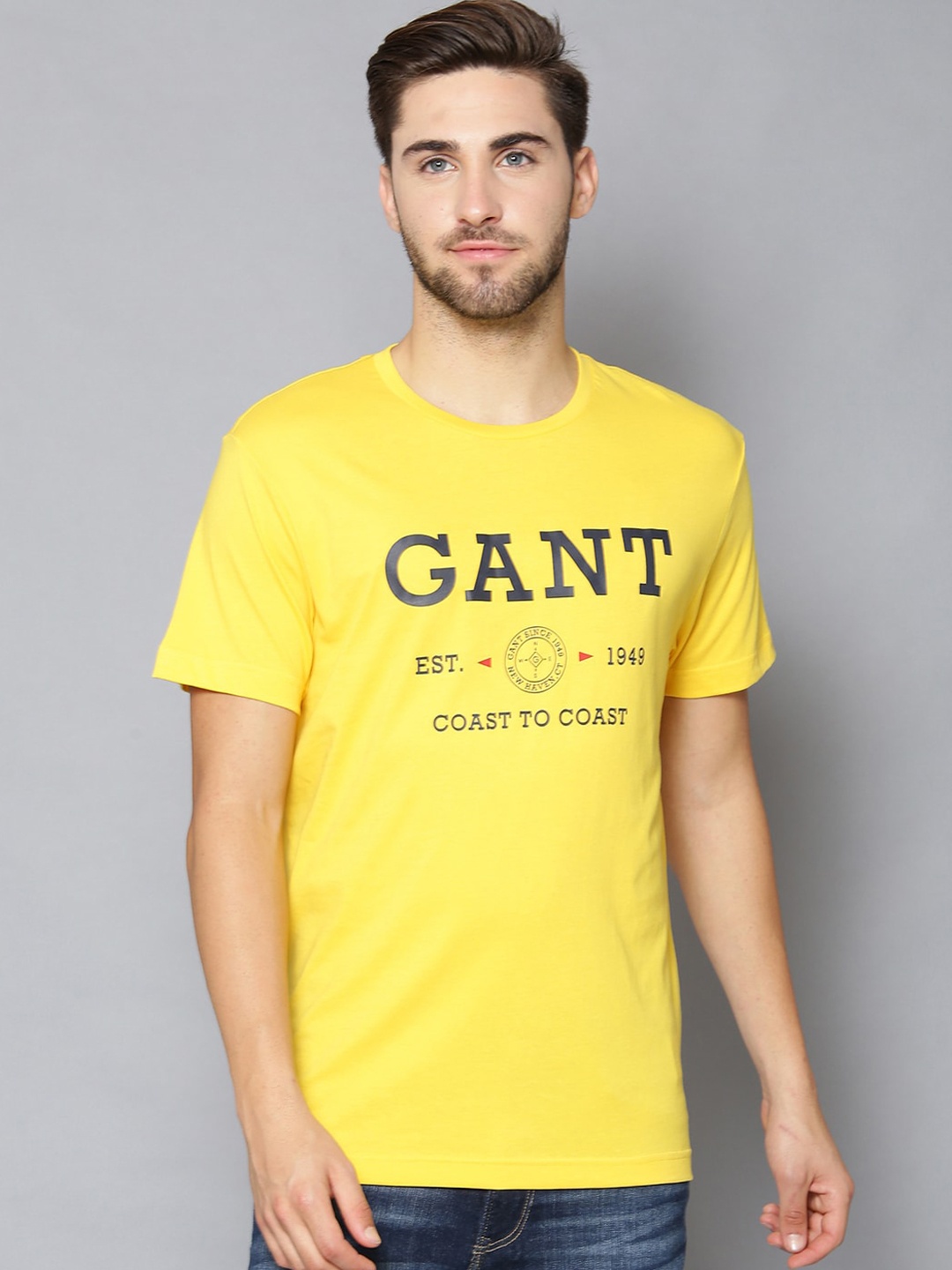 

GANT Men Yellow & Black Brand Logo Printed Round Neck T-shirt